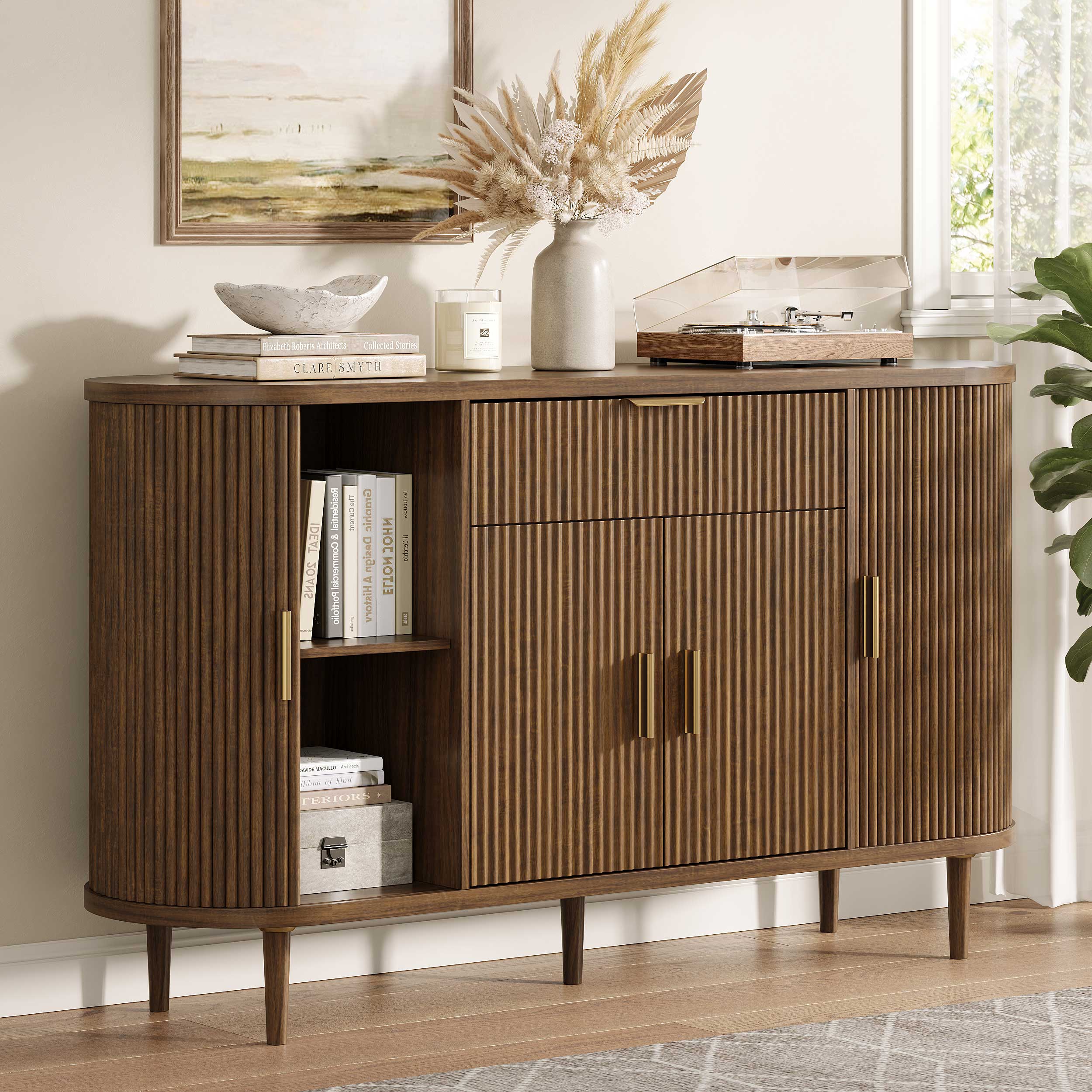 Halitaa 55" sideboard buffet cabinet with Adjustable Shelves, Fluted Mid-Century Modern Coffee Bar Cabinet with Sliding Door and Drawer, Curved Credenza Storage Cabinet for Living Room