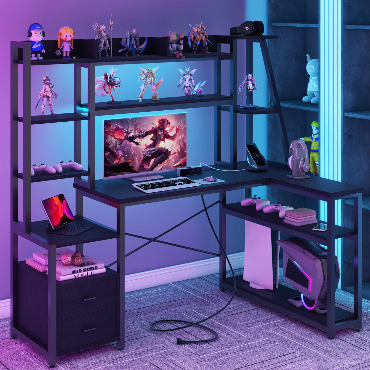 Vabches L Shaped Computer Desk with LED Lights and Power Outlets, L Shaped Gaming Desk with 2 Drawers Hutch Monitor Stand
