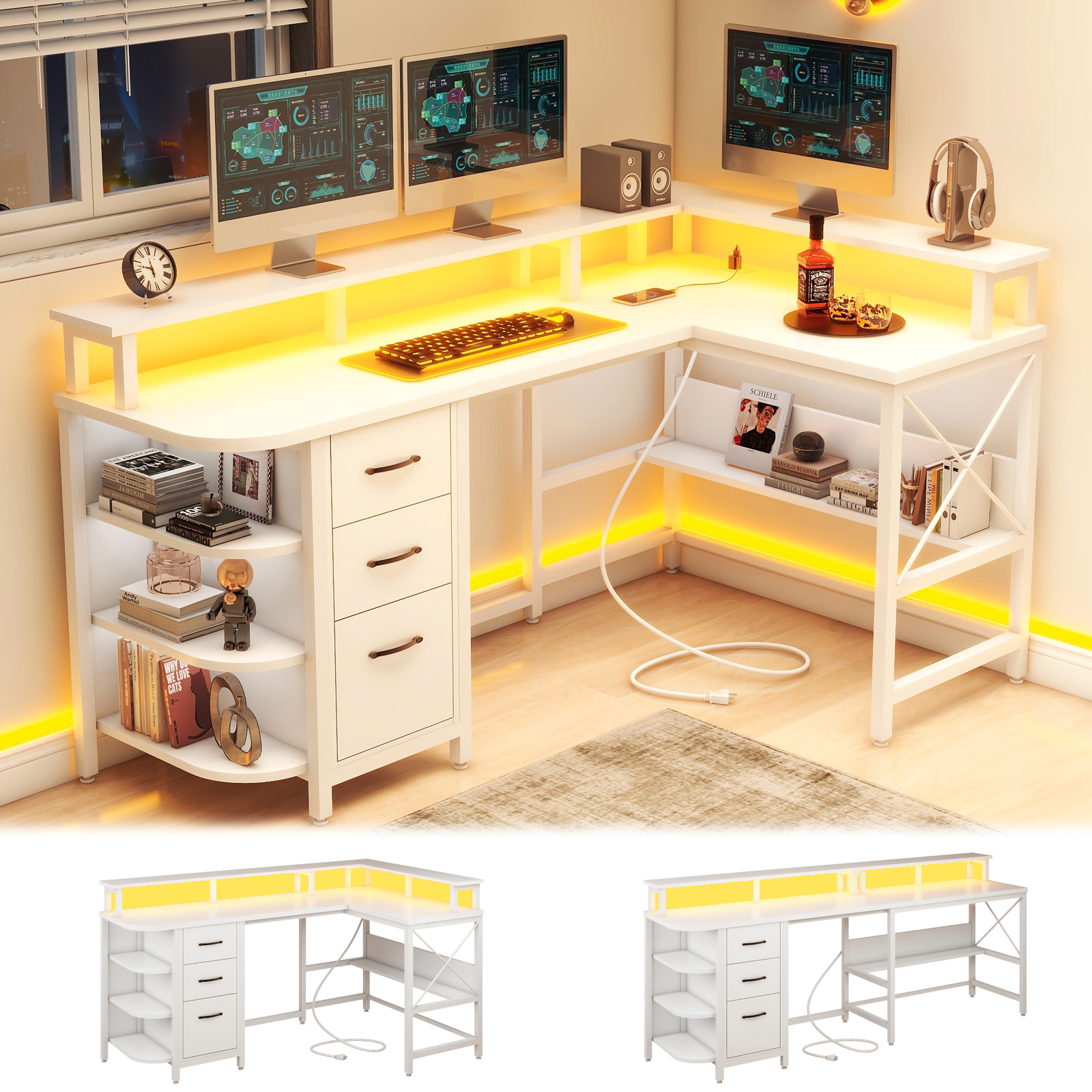 Vabches 67" L Shaped Computer Desk with LED Lights and Power Outlets, Reversible Gaming Desk with 3 Drawers Hutch