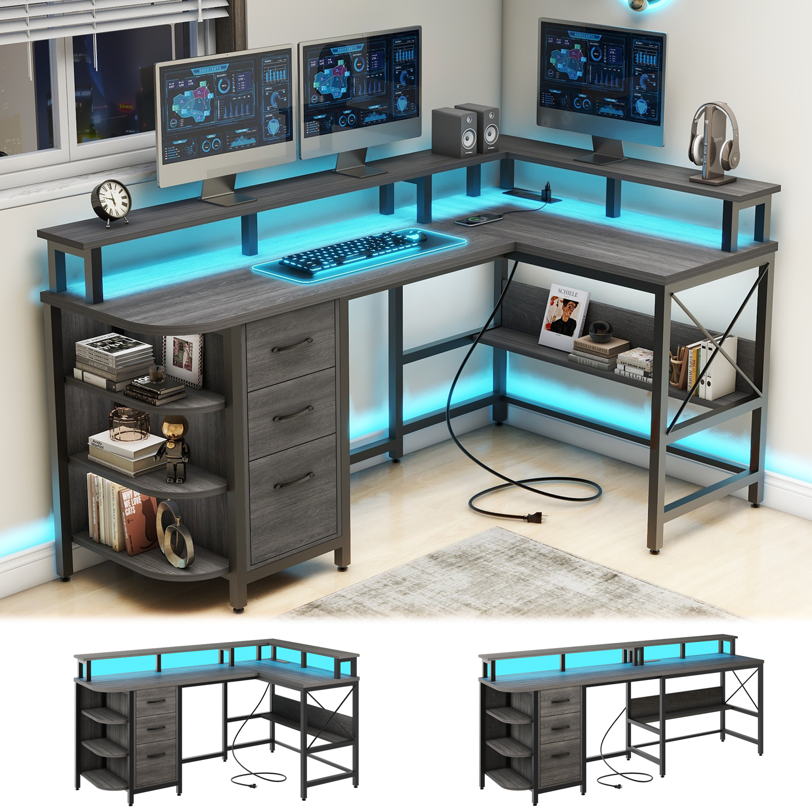 Vabches 67" L Shaped Computer Desk with LED Lights and Power Outlets, 