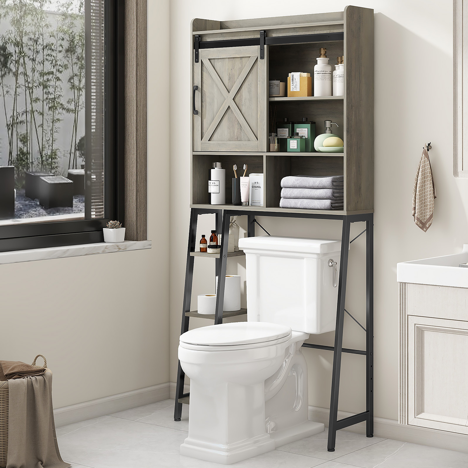 Vabches Over The Toilet Storage Cabinet with Sliding Door and Integrated Toilet Paper Holder, Ideal for Bathrooms, Restrooms, and Laundry Rooms.