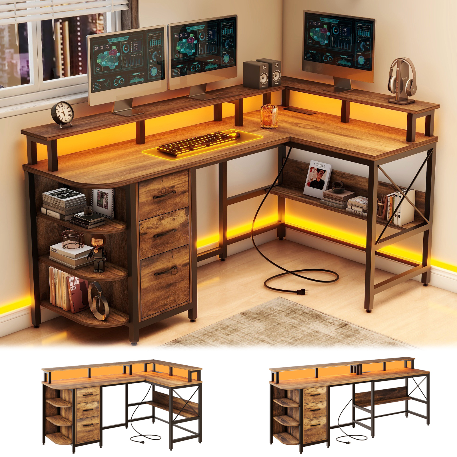 Vabches 67" L Shaped Computer Desk with LED Lights and Power Outlets, 