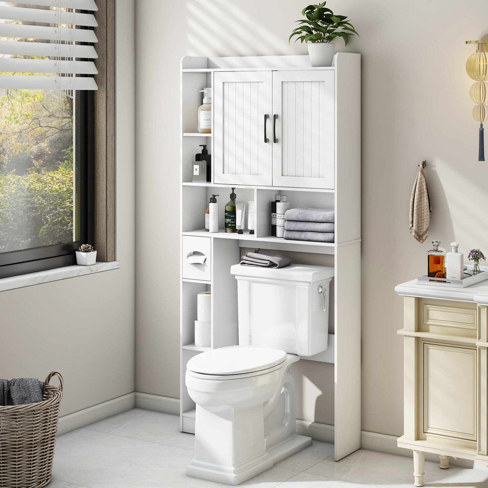 Over The Toilet Storage Cabinet, Farmhouse Storage Cabinet Over Toilet with 2 Barn Door & Toilet Paper Holder Stand，Home Space-Saving Toilet Rack, for Bathroom, Restroom, Laundry(White)