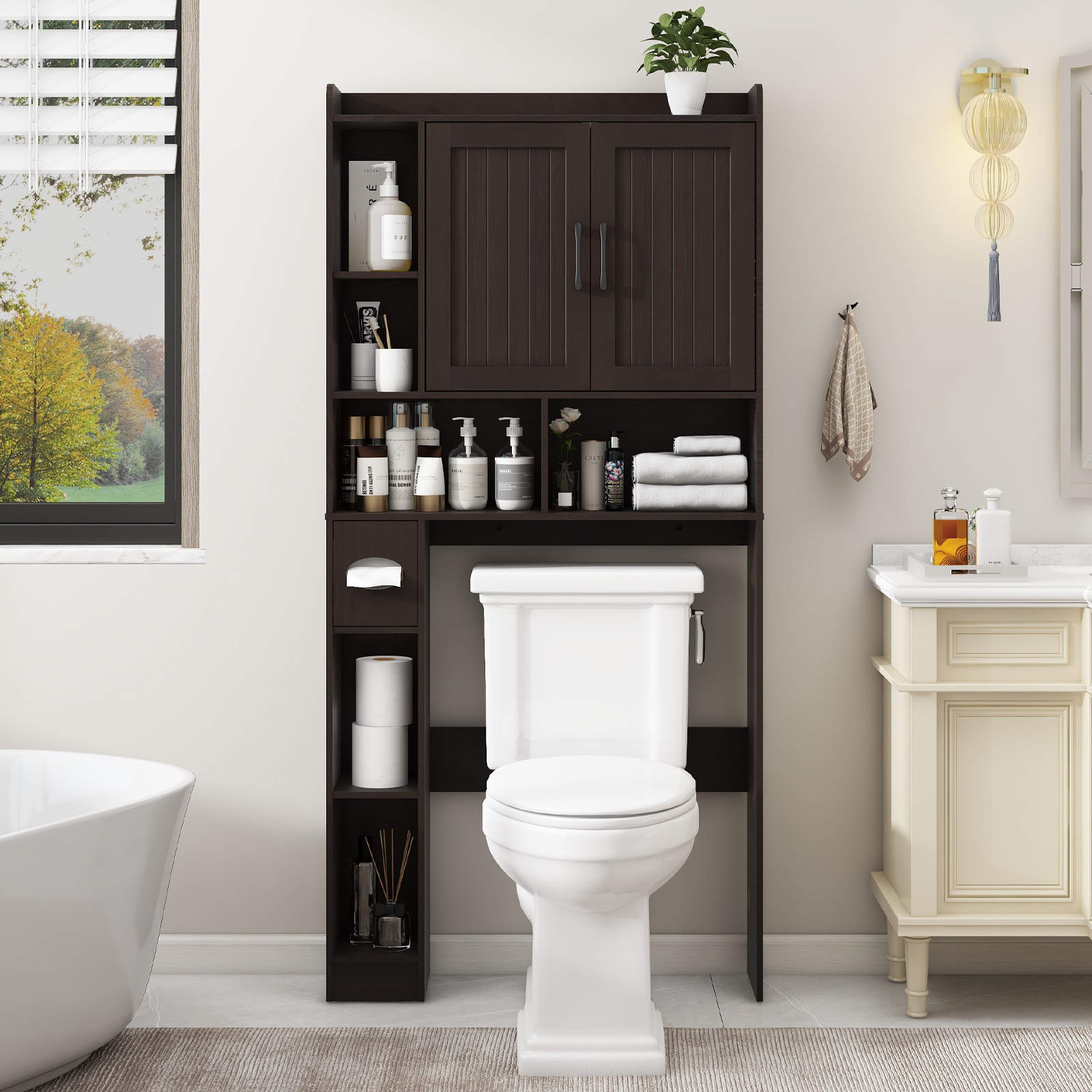 Over The Toilet Storage Cabinet, Farmhouse Storage Cabinet Over Toilet with 2 Barn Door & Toilet Paper Holder Stand，Home Space-Saving Toilet Rack, for Bathroom, Restroom, Laundry(Espresso)