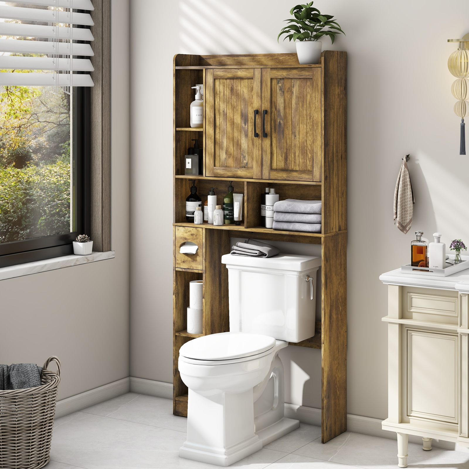 Over The Toilet Storage Cabinet, Farmhouse Storage Cabinet Over Toilet with 2 Barn Door & Toilet Paper Holder Stand，Home Space-Saving Toilet Rack, for Bathroom, Restroom, Laundry(Brown)