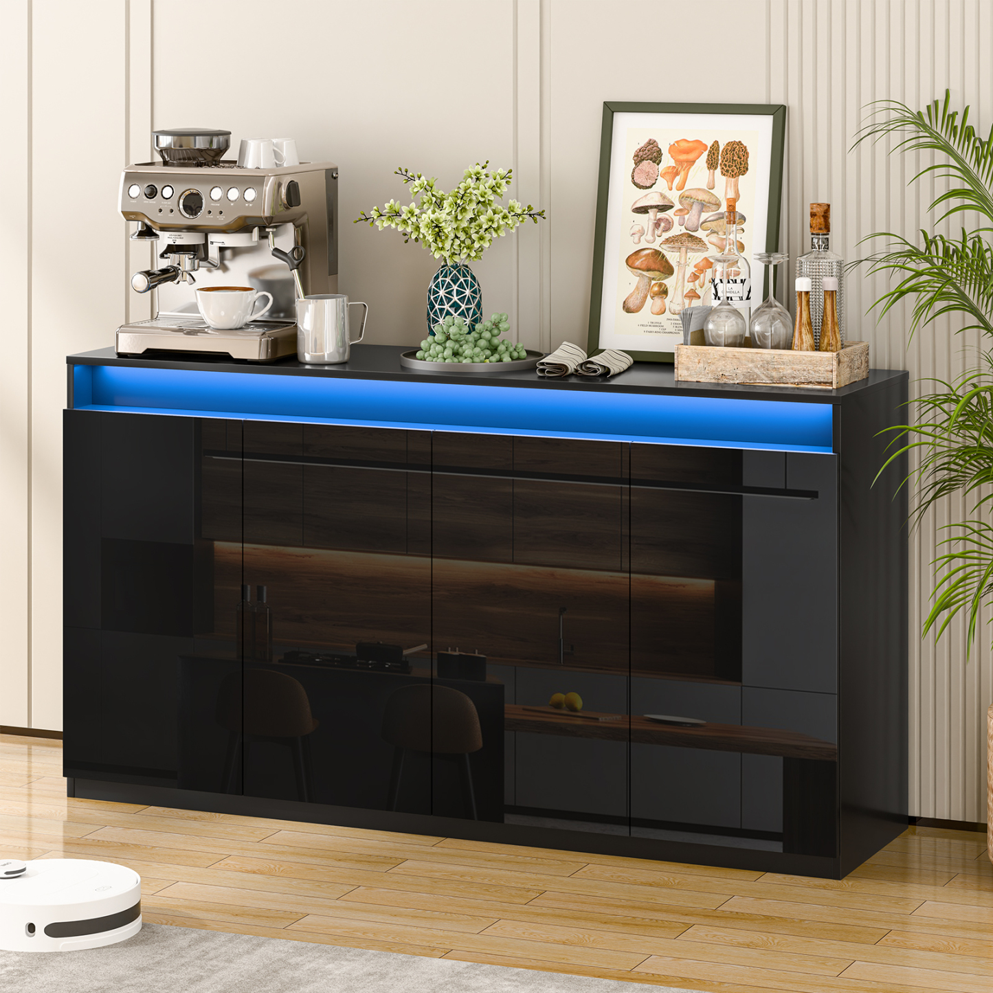 57" Kitchen Buffet Cabinet with Power Outlets - Pantry Storage Cabinet with LED Lights, Sideboard Cabinet Kitchen Storage Cabinets with 4 High Gloss Doors for Kitchen, Bathroom, Black.