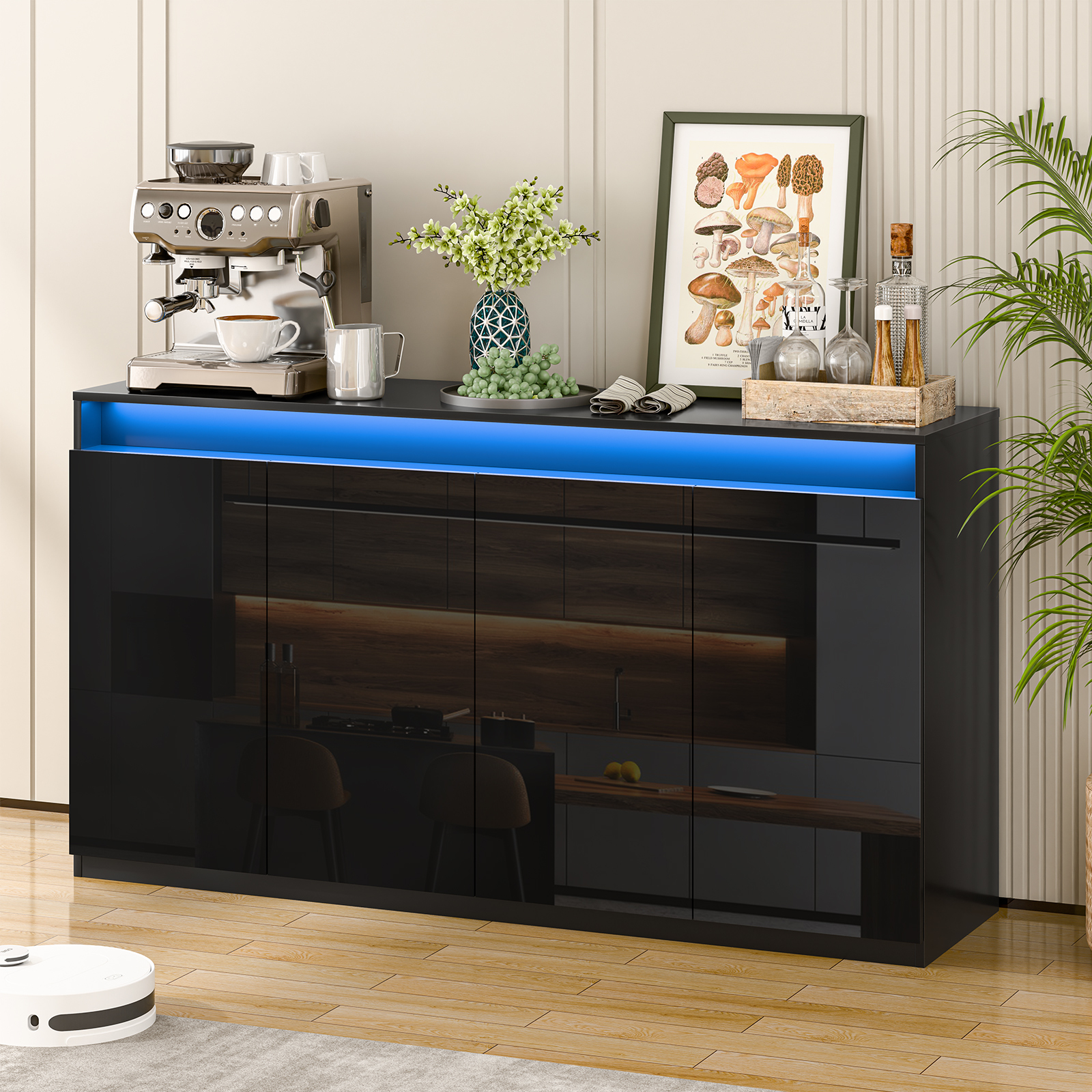 57" Kitchen Buffet Cabinet with Power Outlets - Pantry Storage Cabinet with LED Lights, Sideboard Cabinet Kitchen Storage Cabinets with 4 High Gloss Doors for Kitchen, Bathroom, Black.