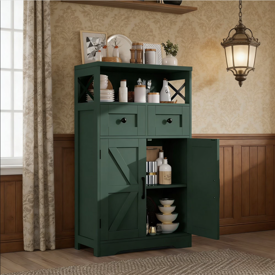 VEANERWOOD Farmhouse Storage Cabinet with Doors and Drawers, Freestanding Kitchen Pantry Cabinet Sideboard, White