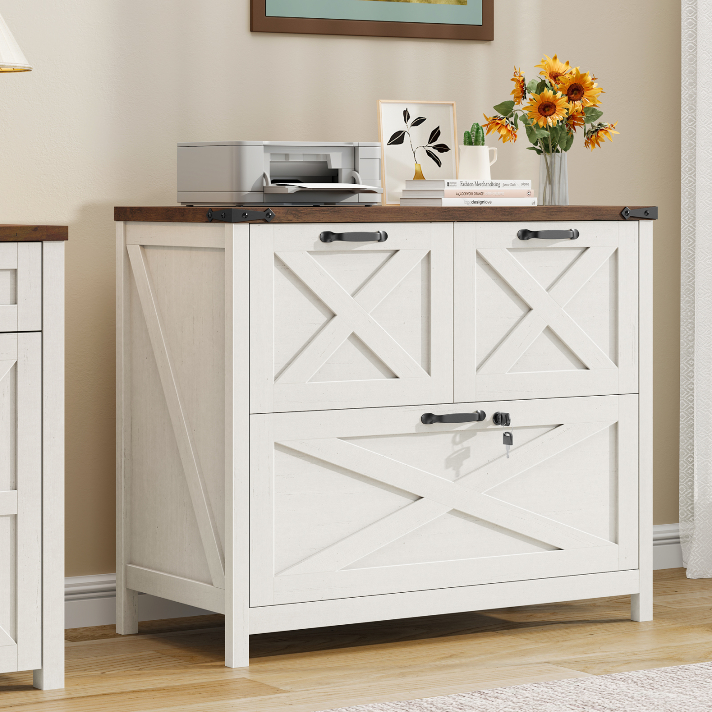 Halitaa Lateral File Cabinet with 3 Drawers, Farmhouse File Cabinet with Lock for Letter/Legal/A4 Size Hanging Files, Wood File Storage Cabinets Printer Stand for Home Office Cabinets, Rustic White and Brown