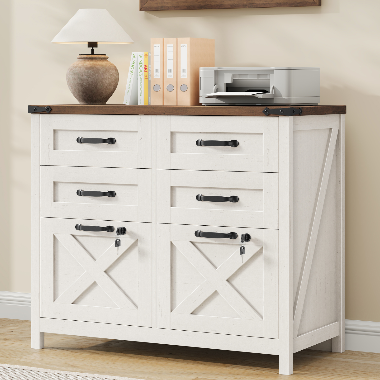 Halitaa Lateral File Cabinet with 6 Drawers, Farmhouse File Cabinet with Lock for Letter/A4 Size Hanging Files, Wood File Storage Cabinets Printer Stand for Home Office Cabinets, Rustic White and Brown