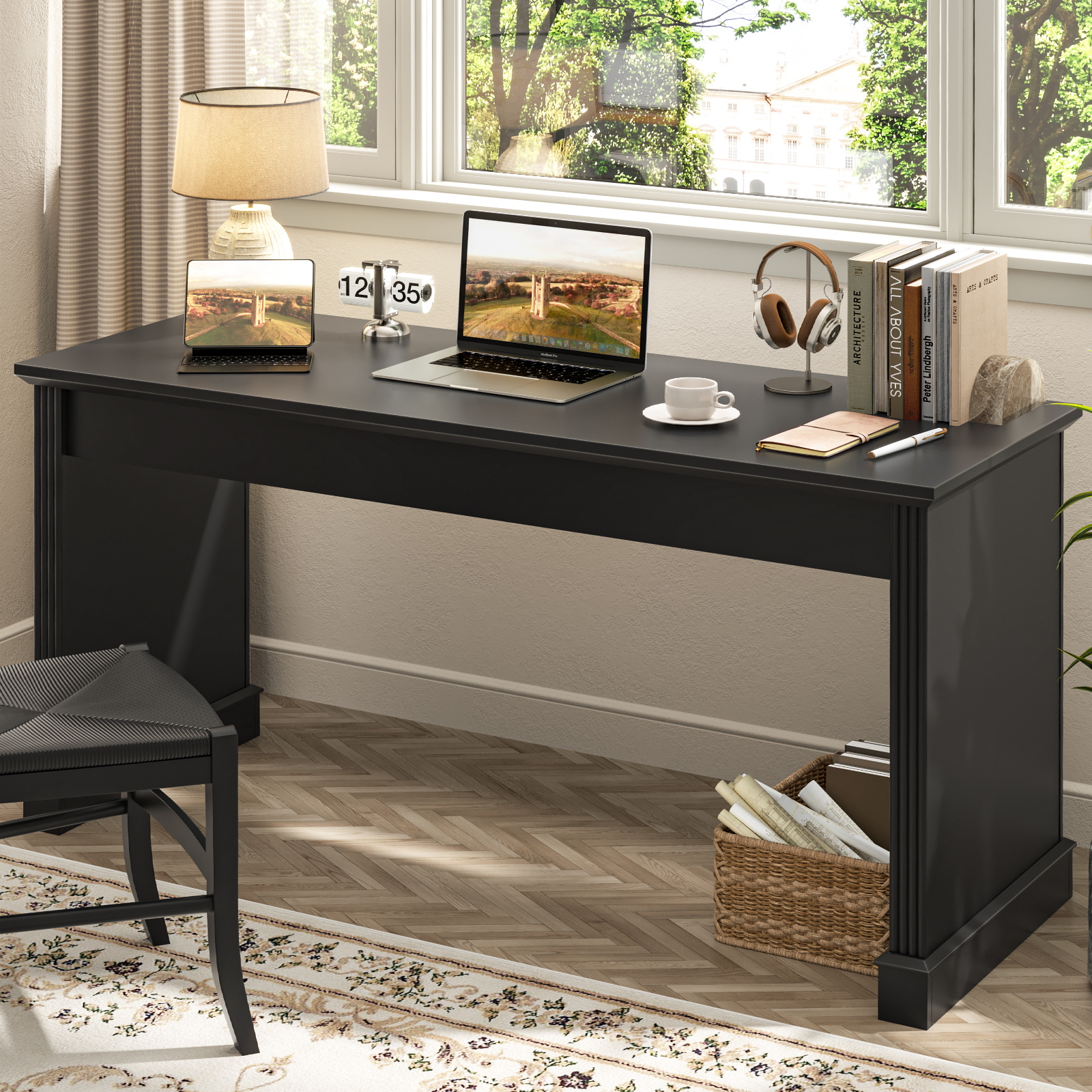 Farmhouse 59" Executive Computer Desk, Simple and Spacious Workstation for Remote Work & Study, Home Office, Pure Black