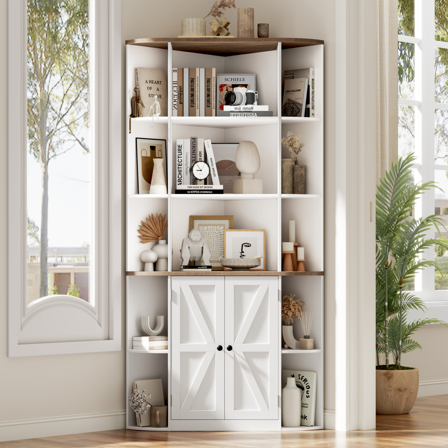 Halitaa Halitaa Corner Storage Cabinet, 67” Tall Corner Bookshelf with Barn Doors and Adjustable Shelf, Farmhouse Storage Shelf with Bottom Cabinet for Study, Living Room and Bedroom