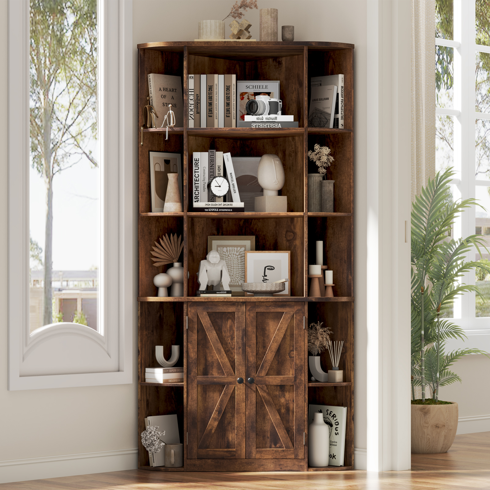 Halitaa Halitaa Corner Storage Cabinet, 67” Tall Corner Bookshelf with Barn Doors and Adjustable Shelf, Farmhouse Storage Shelf with Bottom Cabinet for Study, Living Room and Bedroom