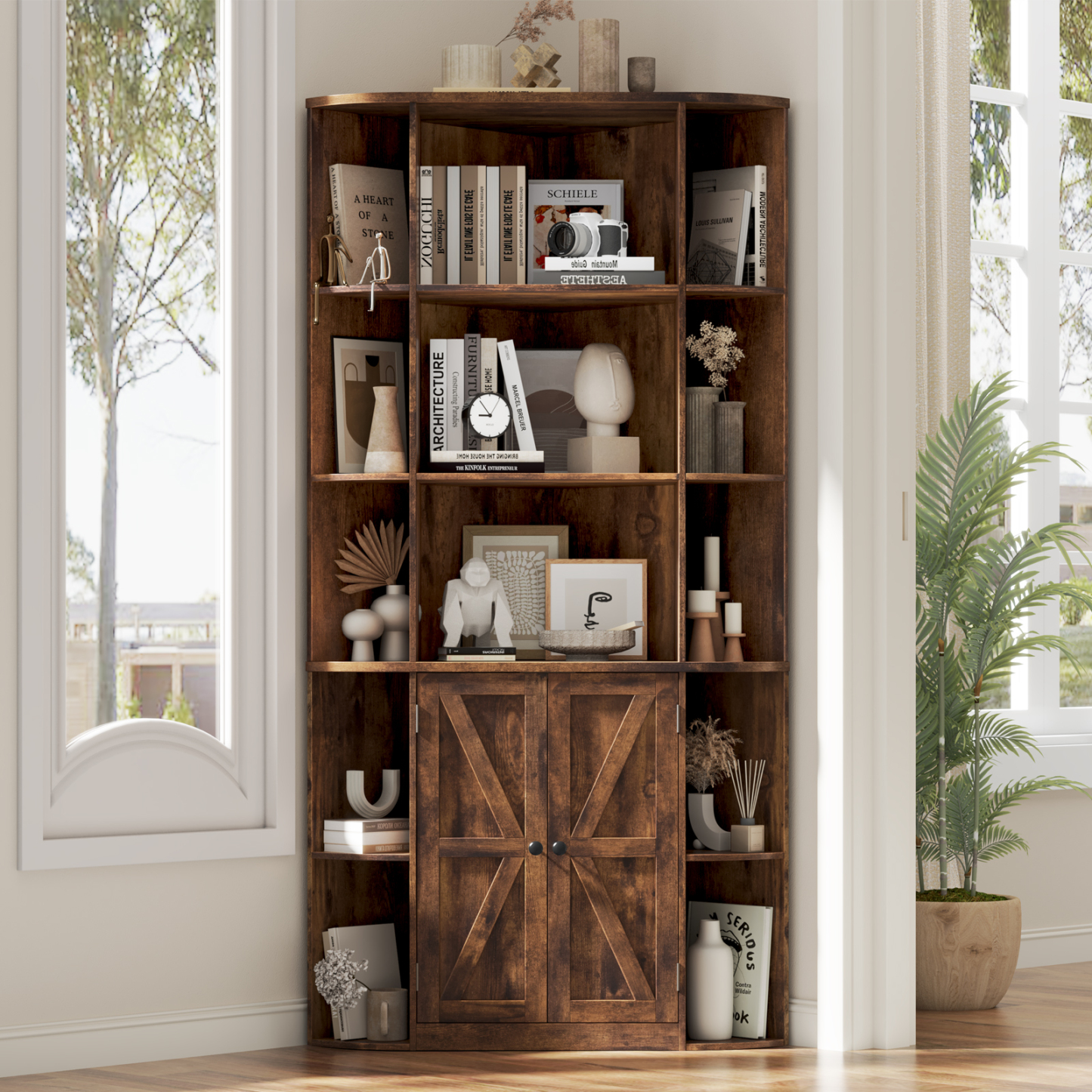 Halitaa Halitaa Corner Storage Cabinet, 67” Tall Corner Bookshelf with Barn Doors and Adjustable Shelf, Farmhouse Storage Shelf with Bottom Cabinet for Study, Living Room and Bedroom