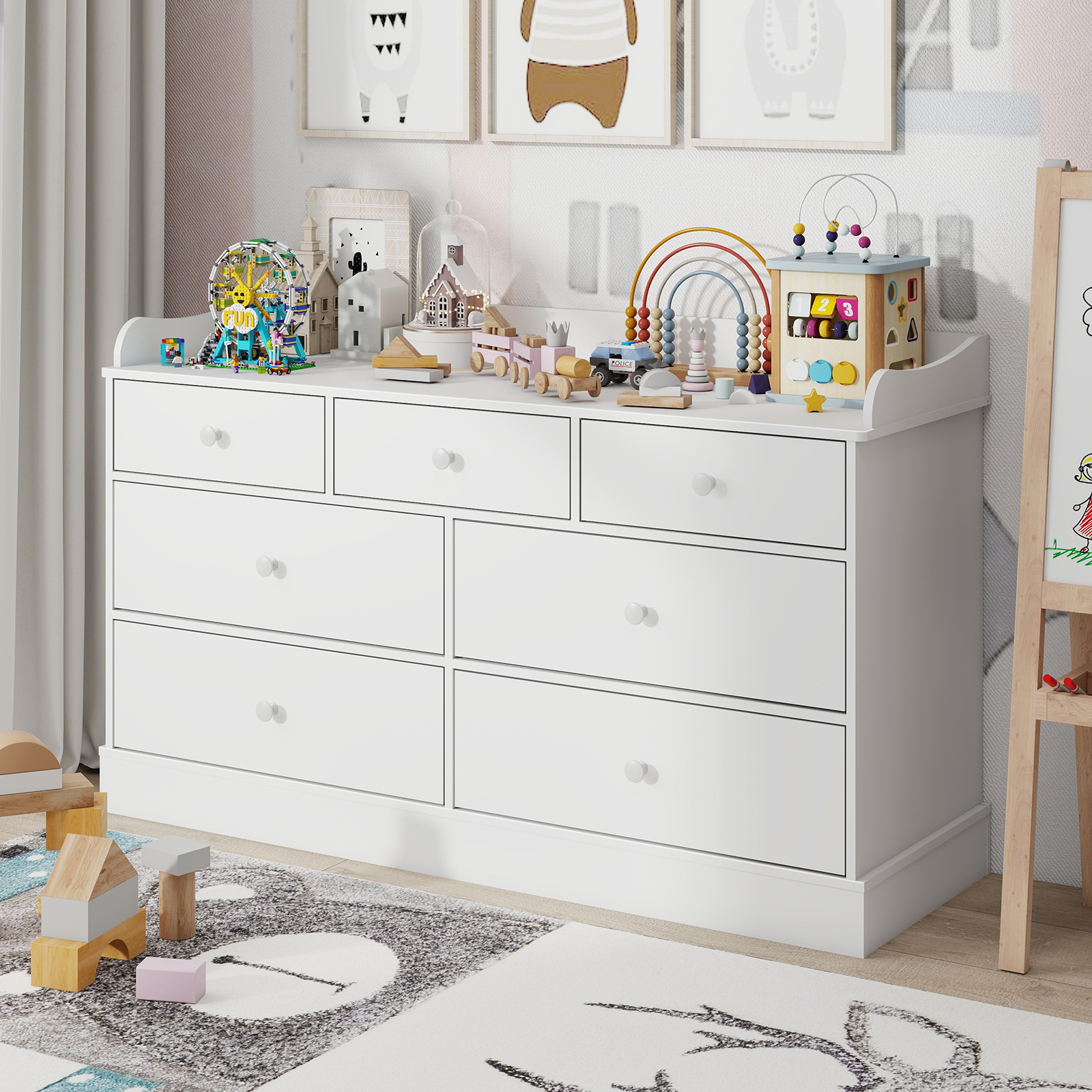 Kids Dresser Cabinet with 7 Drawers, Changing Table for Nursery, White Chest of Drawers, Baby Dresser, Kids Bedroom Furniture, Nightstand for Child’s Room, White