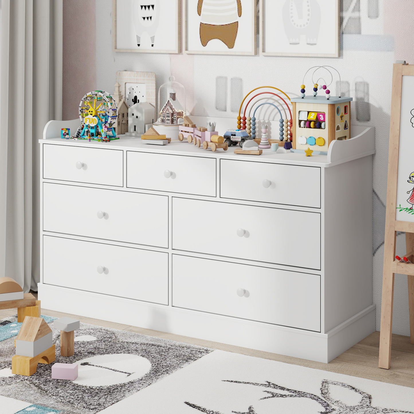 Kids Dresser Cabinet with 7 Drawers, Changing Table for Nursery, White Chest of Drawers, Baby Dresser, Kids Bedroom Furniture, Nightstand for Child’s Room, White