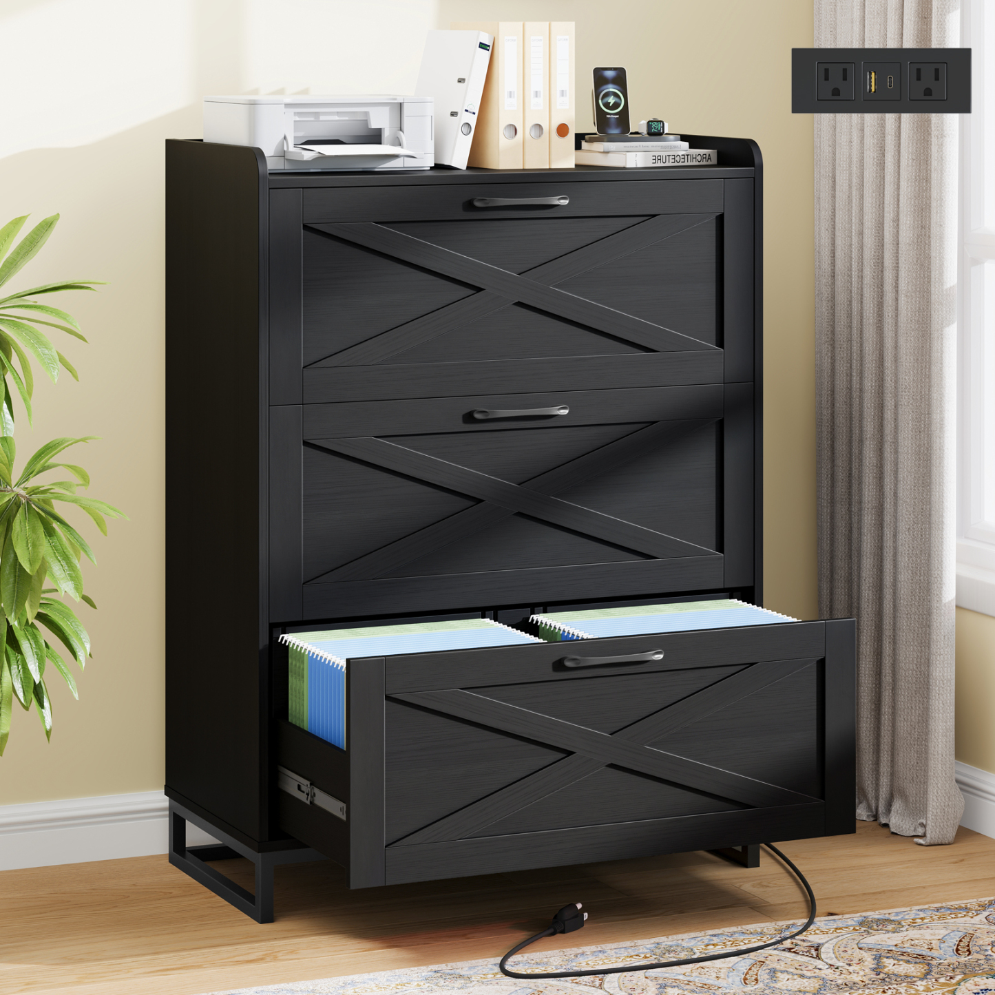 File Cabinet 3 Drawers Lateral File Cabinet with Charging Station for Letter/Legal/A4 Size Hanging Files, Large Wood File Storage Cabinets Printer Stand for Home Office, Black