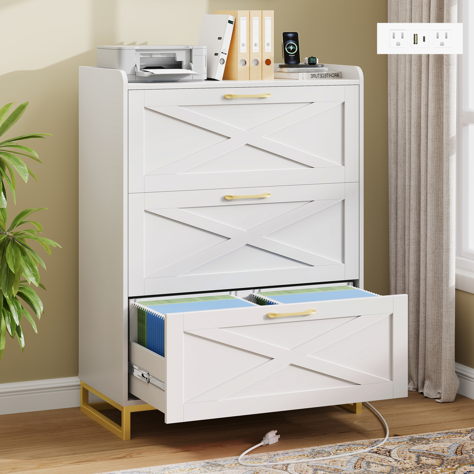 File Cabinet 3 Drawers Lateral File Cabinet with Charging Station for Letter/Legal/A4 Size Hanging Files, Large Wood File Storage Cabinets Printer Stand for Home Office, Black