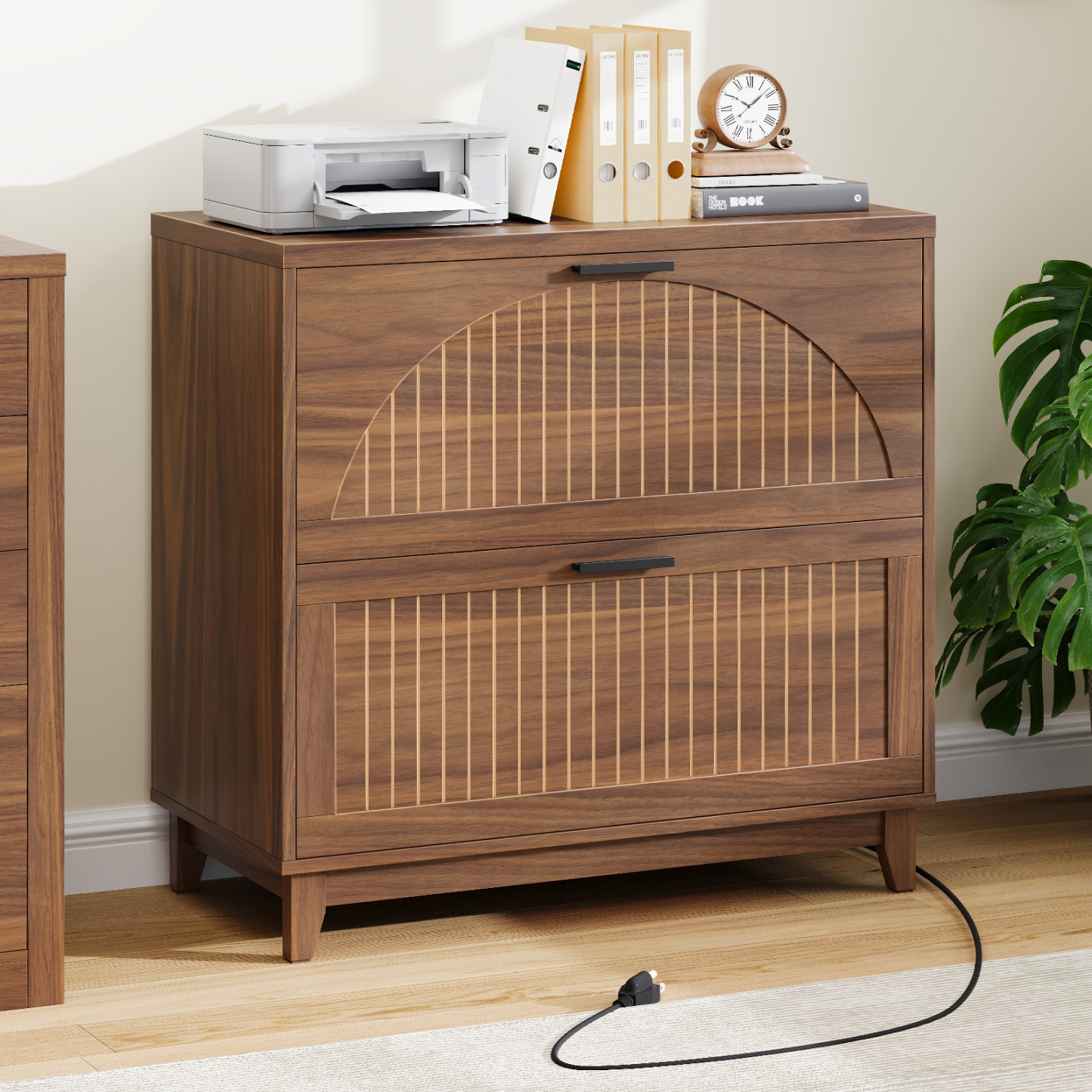 Halitaa Lateral File Cabinet 2 Drawer File Cabinet with Charging Station for Legal/Letter/A4 Size Hanging Files, Large Modern Fluted File Storage Cabinets Printer Stand for Home Office, Walnut