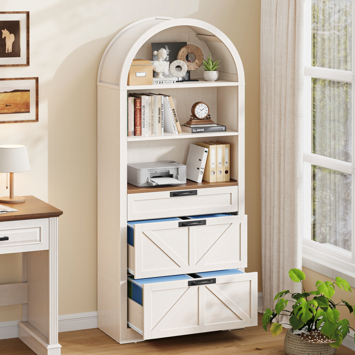 Arched Farmhouse File Cabinet with 2 Drawers for Legal, Letter, and A4 Size Hanging Files, Large Wooden File Cabinet for Home Office with Printer Stand and Bookshelf