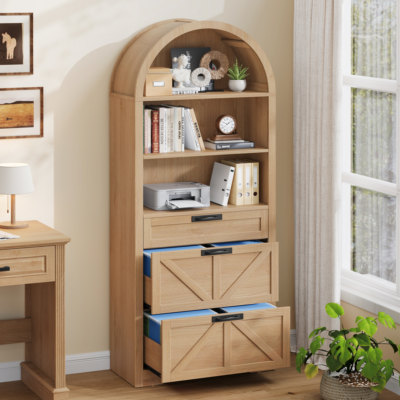 Arched Farmhouse File Cabinet with 2 Drawers for Legal, Letter, and A4 Size Hanging Files, Large Wooden File Cabinet for Home Office with Printer Stand and Bookshelf