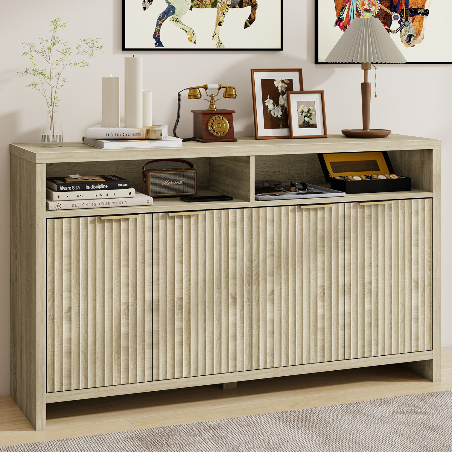 Vabches Oxford Fluted Storage Cabinet, Entertainment Center TV Console for Living Room Bedroom, Accent Cabinet with Doors and Shelves, Large Sideboard Buffet with Adjustable Shelf, Ash Oak