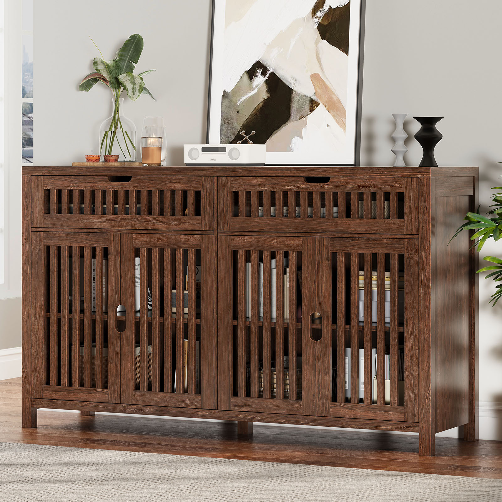 Vabches Storage Cabinet with Drawers, 55" Large Buffets & Sideboards with Adjustable Shelves and Doors, Multifunctional Kitchen Pantry Cabinet Coffee Bar Station for Dining Room, Living Room, Brown