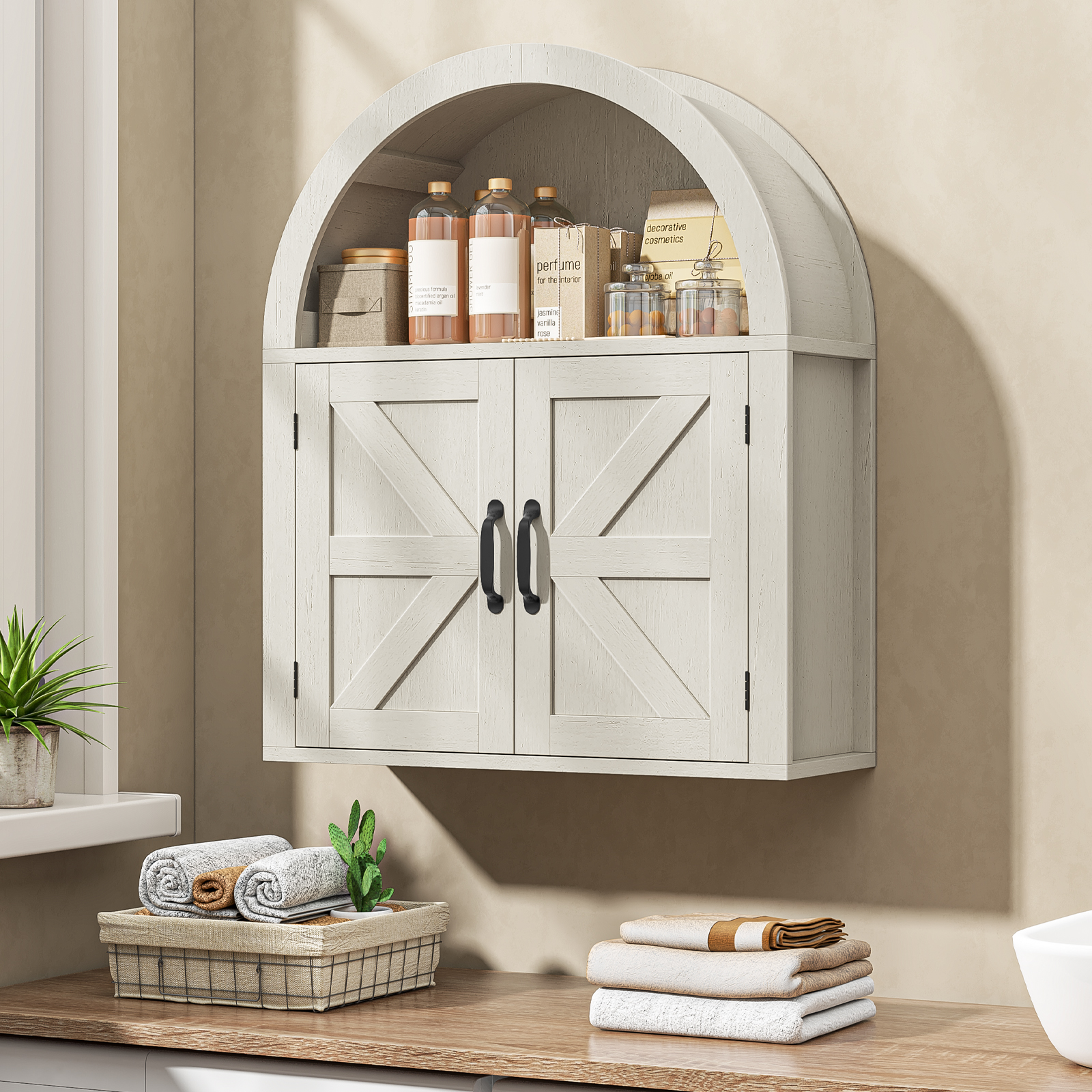 Arched Bathroom Wall Cabinet, Farmhouse Medicine Cabinet with Barn Door and with Adjustable Shelf, 23.6 x 28.7'' Wooden Storage Cabinet Wall Mounted for Bathroom Laundry Room Kitchen
