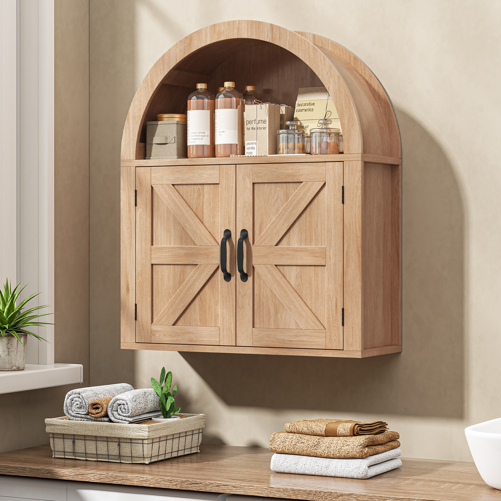 Arched Bathroom Wall Cabinet, Farmhouse Medicine Cabinet with Barn Door and with Adjustable Shelf, 23.6 x 28.7'' Wooden Storage Cabinet Wall Mounted for Bathroom Laundry Room Kitchen