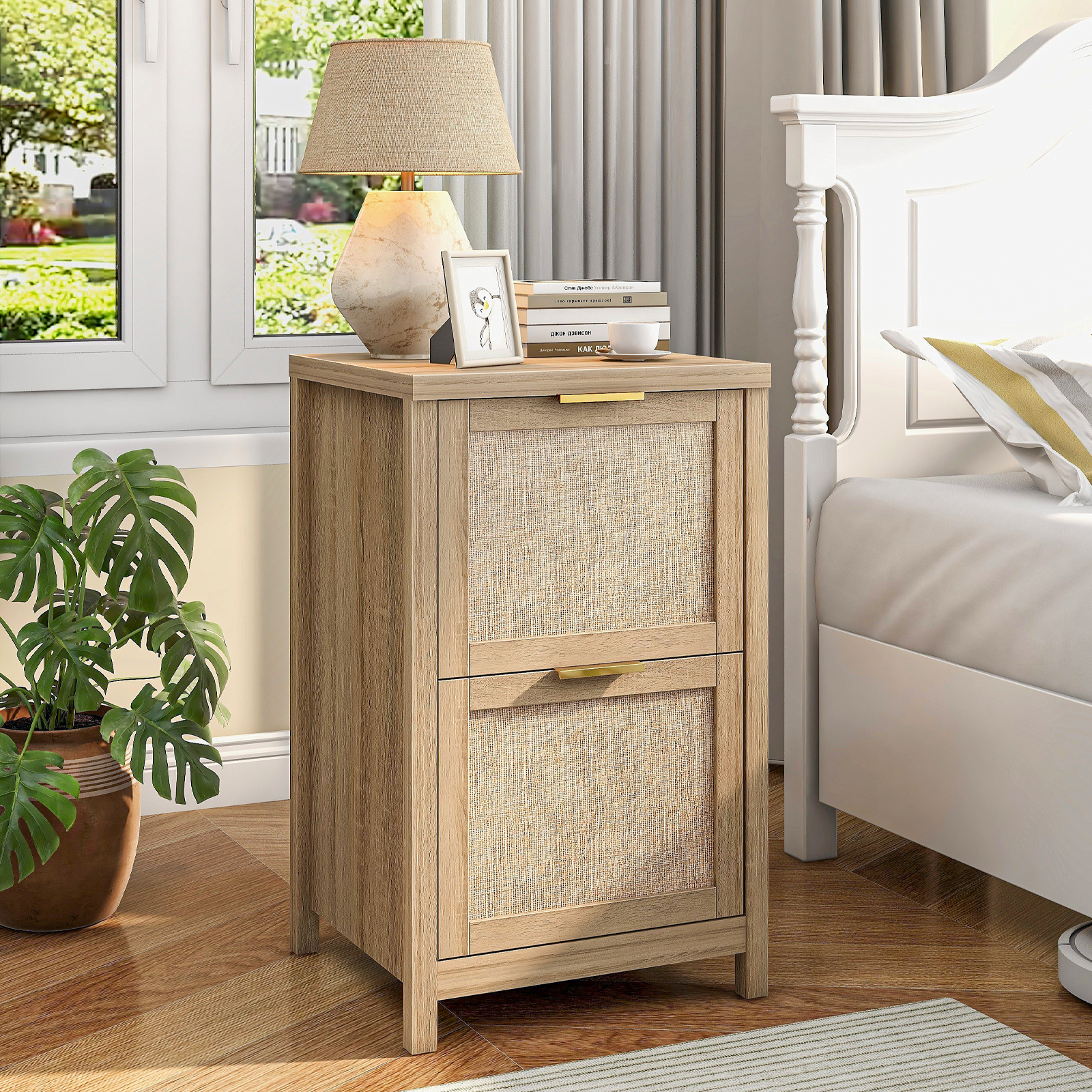 2-Drawer Rattan Small File Cabinet, Farmhouse Vertical Filing Cabinet Fits A4/Letter Size, Under Desk File Cabinets with Storage for Home Office, Wooden Printer Stand, Natural Oak