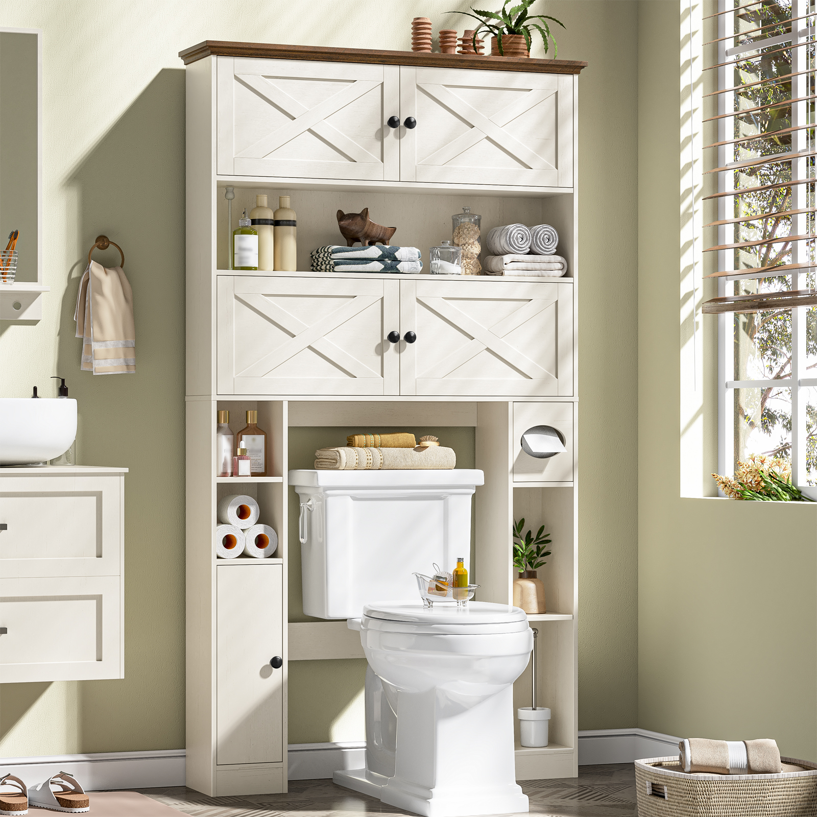 Over The Toilet Storage Cabinet, Farmhouse Storage Over Toilet with 4 Barn Doors & Adjustable Shelf, Space Saving Bathroom Organizer with Toilet Paper Holder Stand for Restroom, Bathroom, Laundry