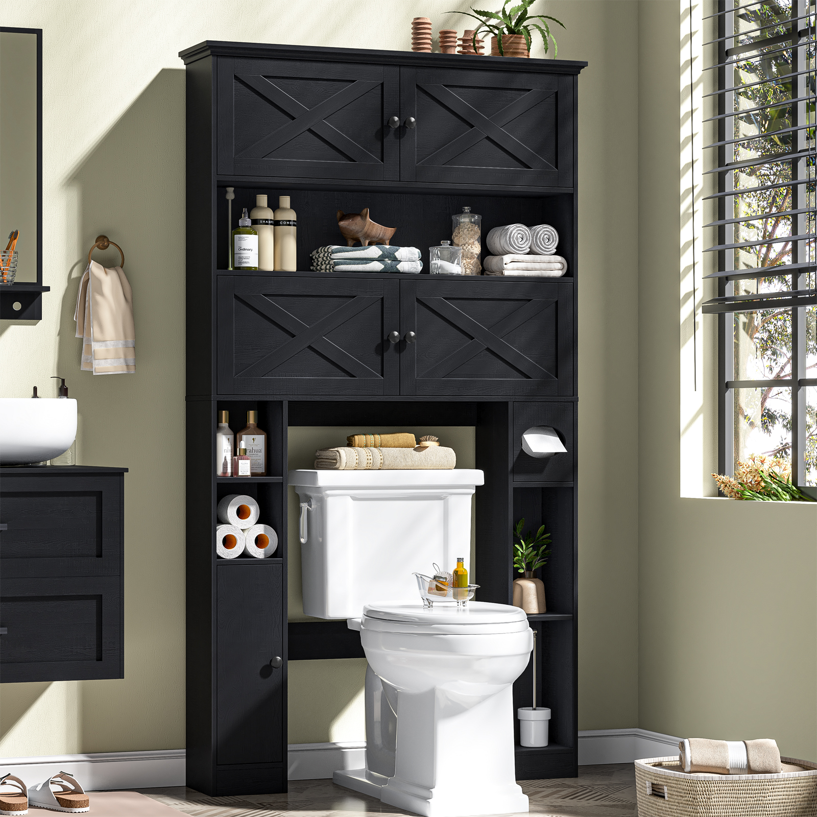 Over The Toilet Storage Cabinet, Farmhouse Storage Over Toilet with 4 Barn Doors & Adjustable Shelf, Space Saving Bathroom Organizer with Toilet Paper Holder Stand for Restroom, Bathroom, Laundry