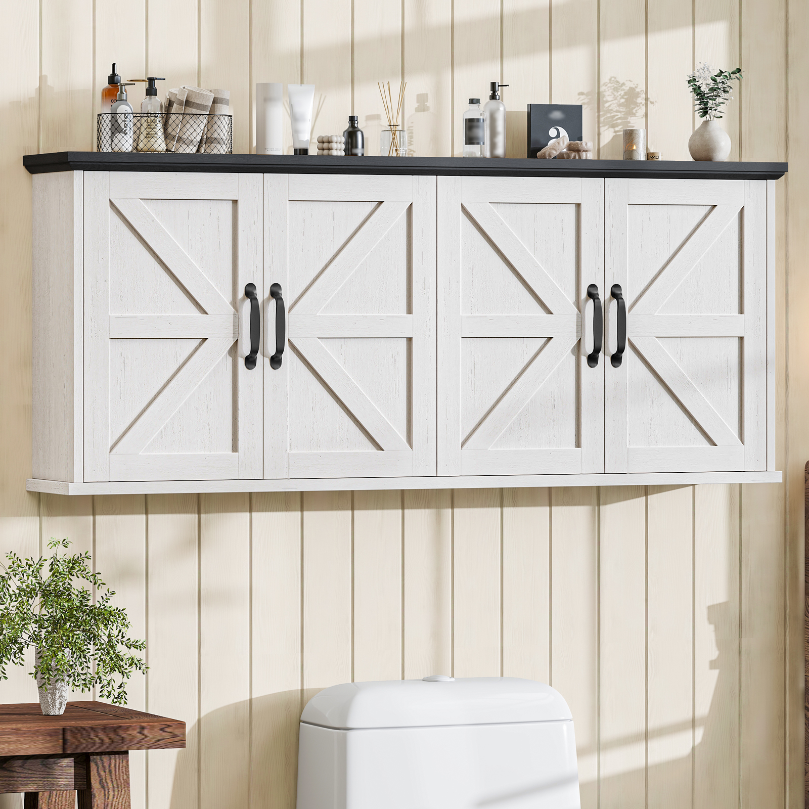 47" Laundry Room Cabinets and Storage with 4 Doors and Utility Adjustable Shelf, Large Wall Mounted Storage Cabinet, Upper Kitchen Cabinet for Laundry, Bathroom, and Kitchen, White and Brown