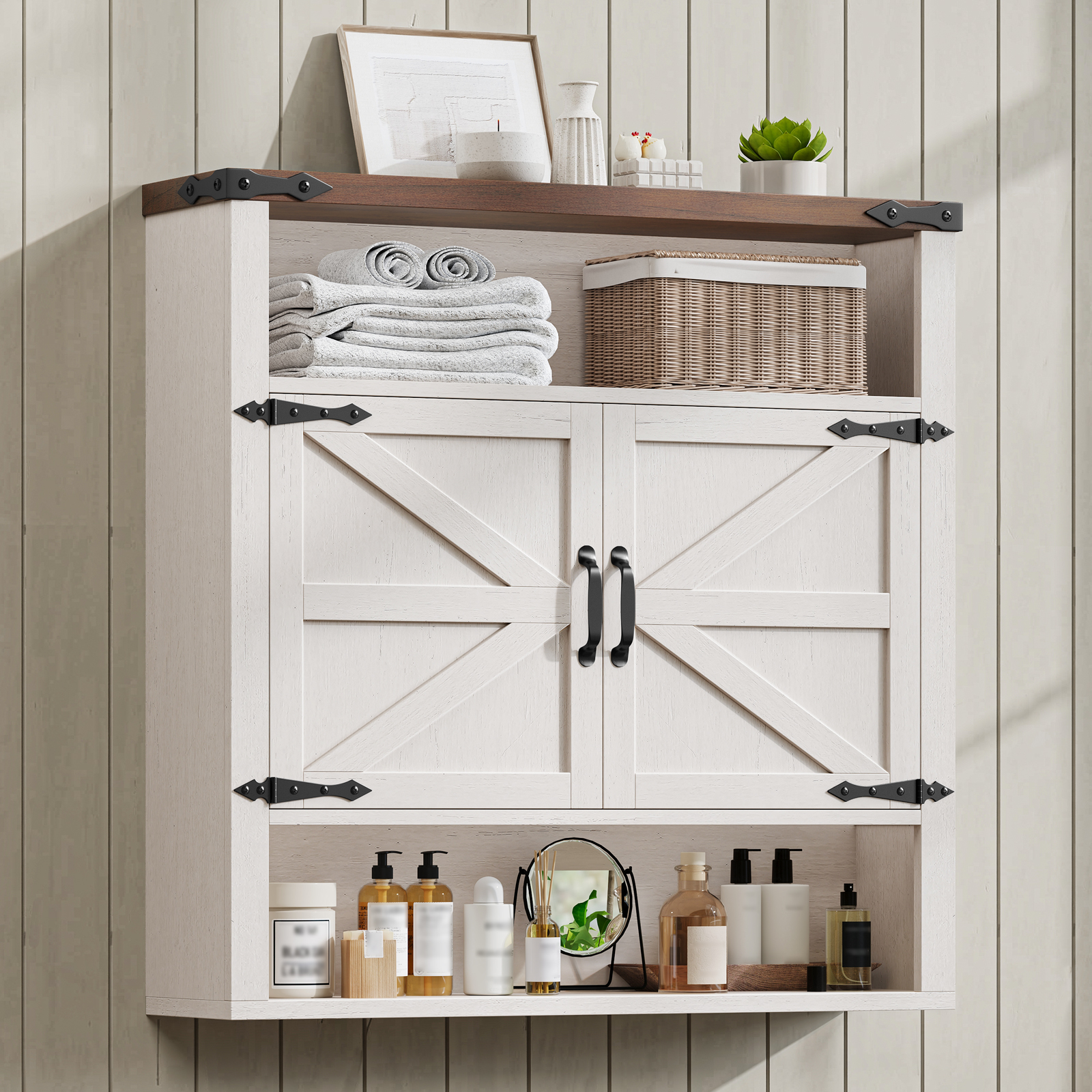 Halitaa Bathroom Wall Cabinet, Farmhouse Medicine Cabinet with Adjustable Shelves and 2 Barn Doors, Wall Mounted Over the Toilet Storage Cabinet for Bathroom, Laundry Room, Kitchen