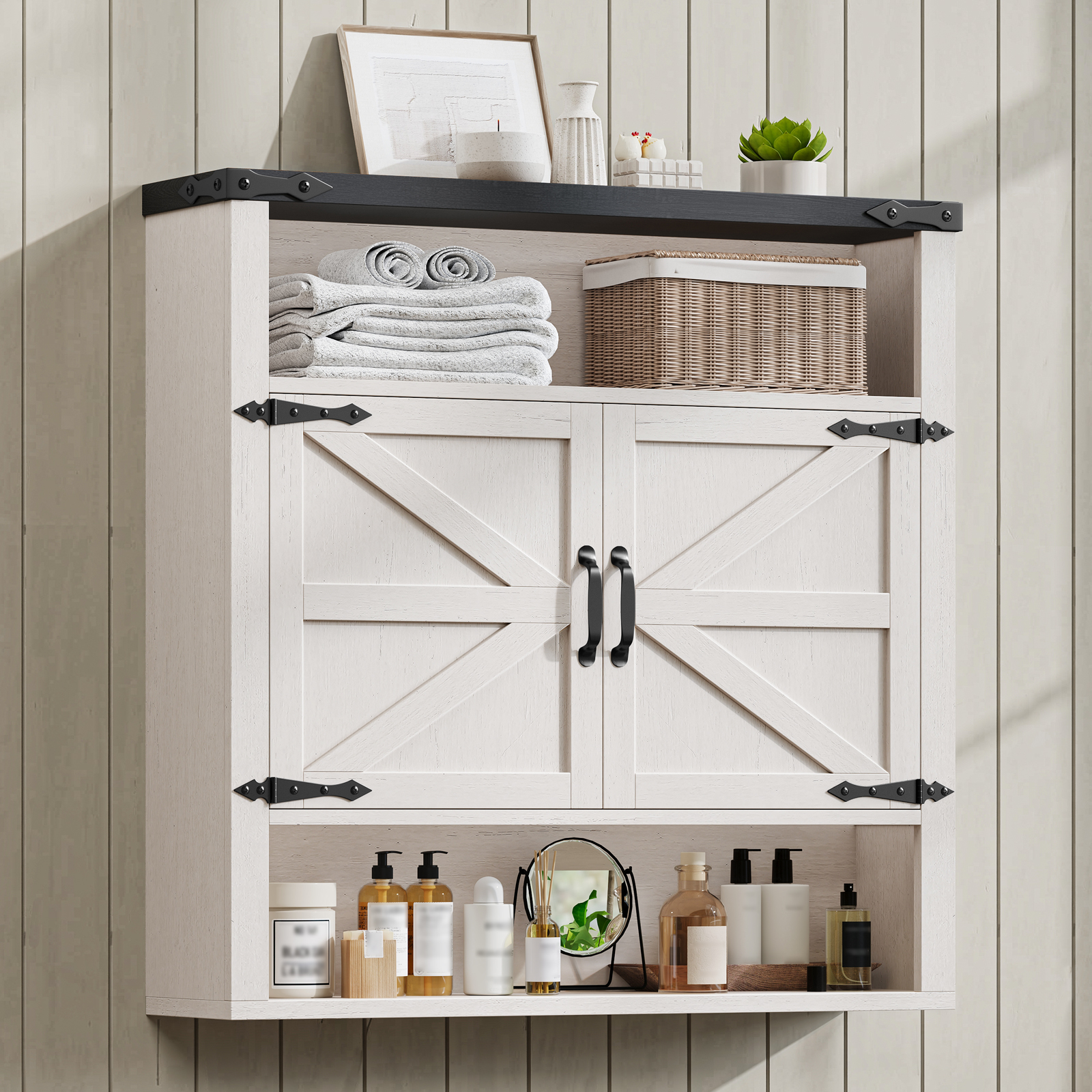 Halitaa Bathroom Wall Cabinet, Farmhouse Medicine Cabinet with Adjustable Shelves and 2 Barn Doors, Wall Mounted Over the Toilet Storage Cabinet for Bathroom, Laundry Room, Kitchen