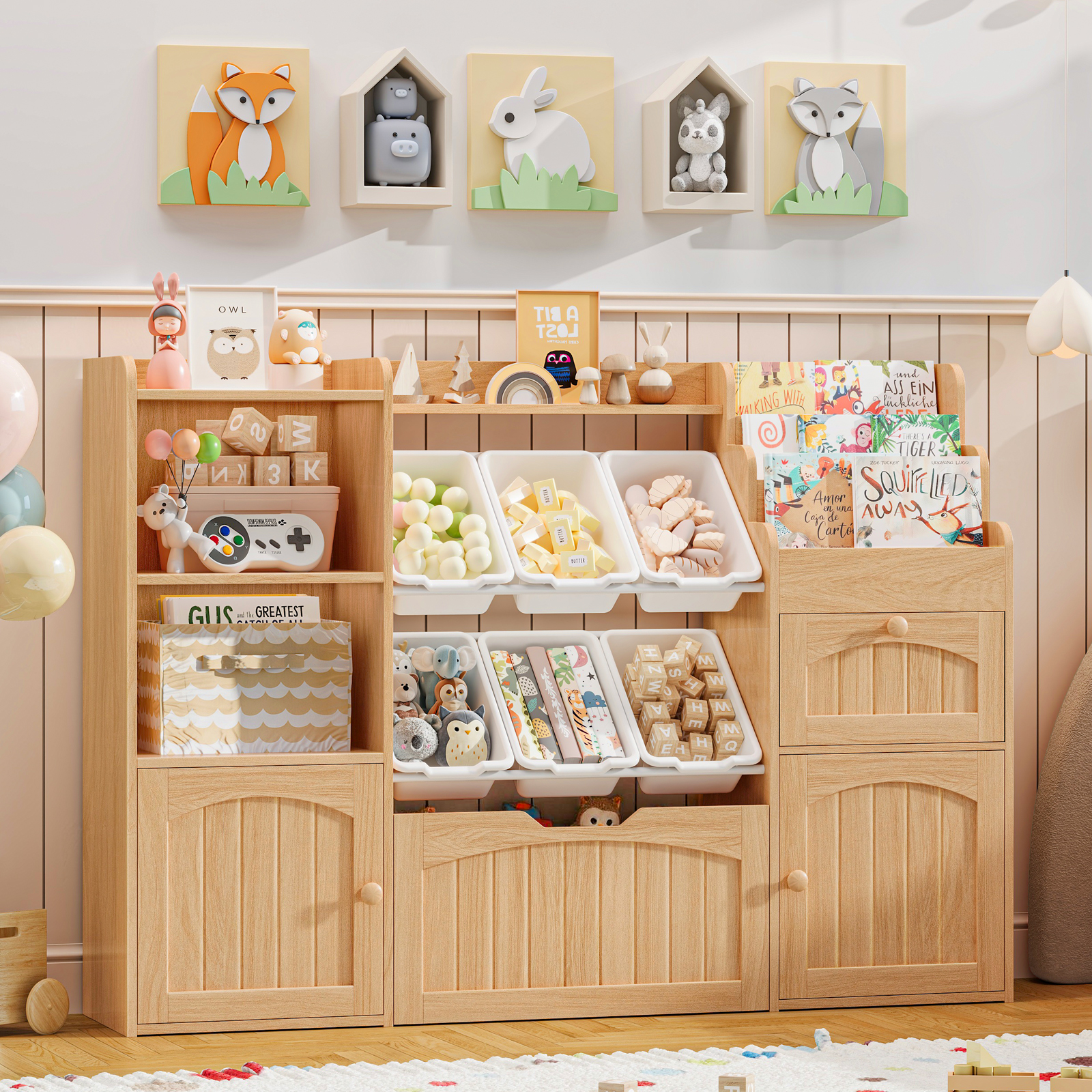 Halitaa Toy Storage Organizer with Movable Drawer, Kids Bookshelf with 6 Toy Bins and 3-Tier Book Rack, Playroom Storage Organization with 2 Open Cubbies and 2 Cabinet for Living Room, Kids Room, White