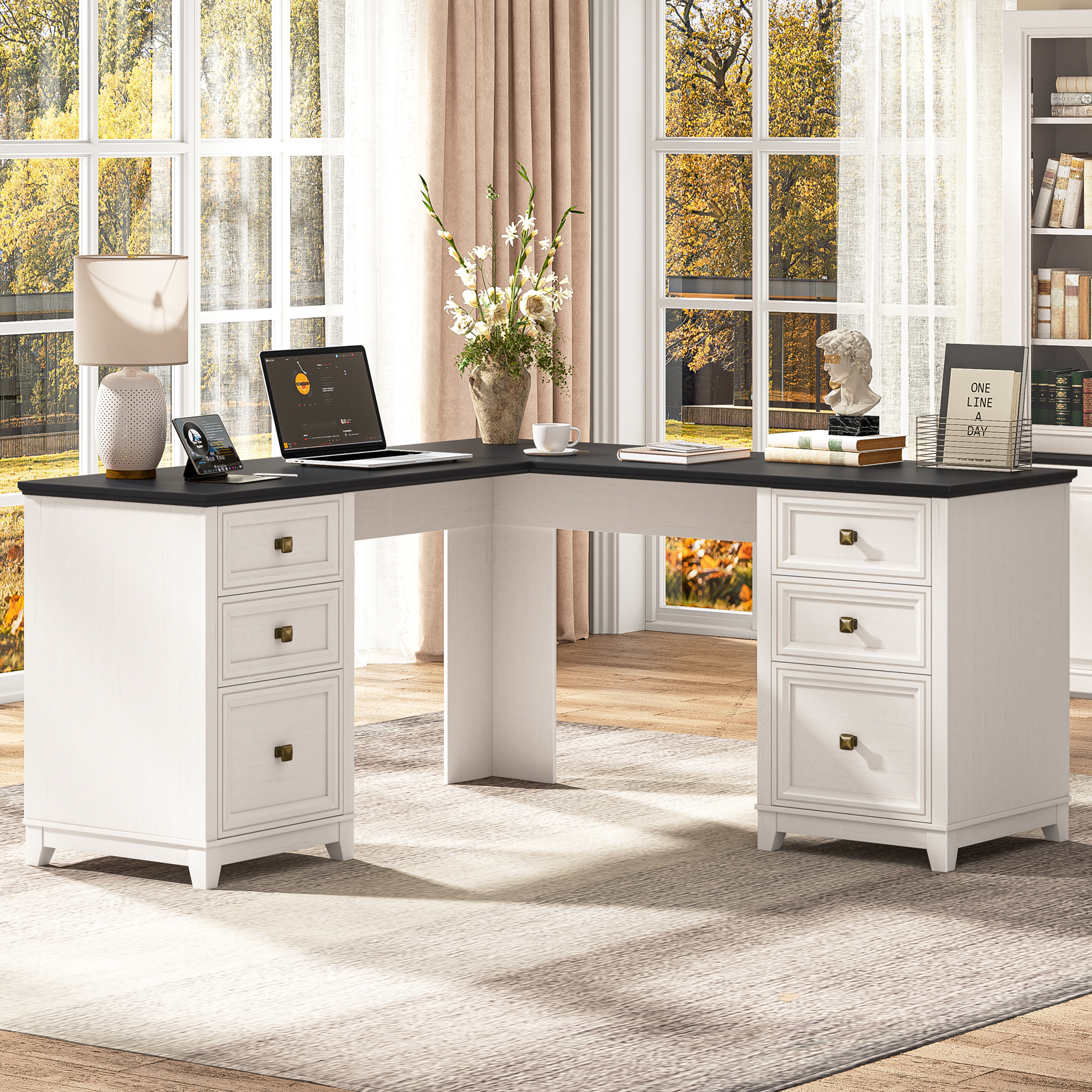 Halitaa 59'' Farmhouse L Shaped Desk with 6 Drawers, Large Rustic L Shaped Executive Desk with File Cabinet, Wood Writing Corner Computer Desk with Storage for Home Office, Work, Study, White and Brown