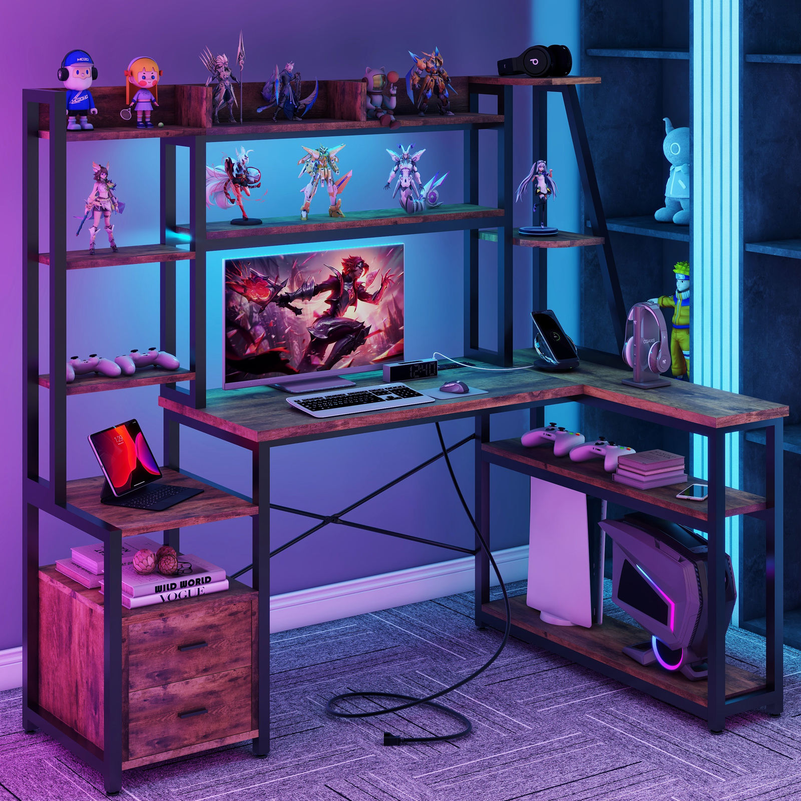 Vabches L Shape Computer Desk with LED Lights and Power Outlets, L Shaped Gaming Desk with 2 Drawers Hutch Monitor Stand