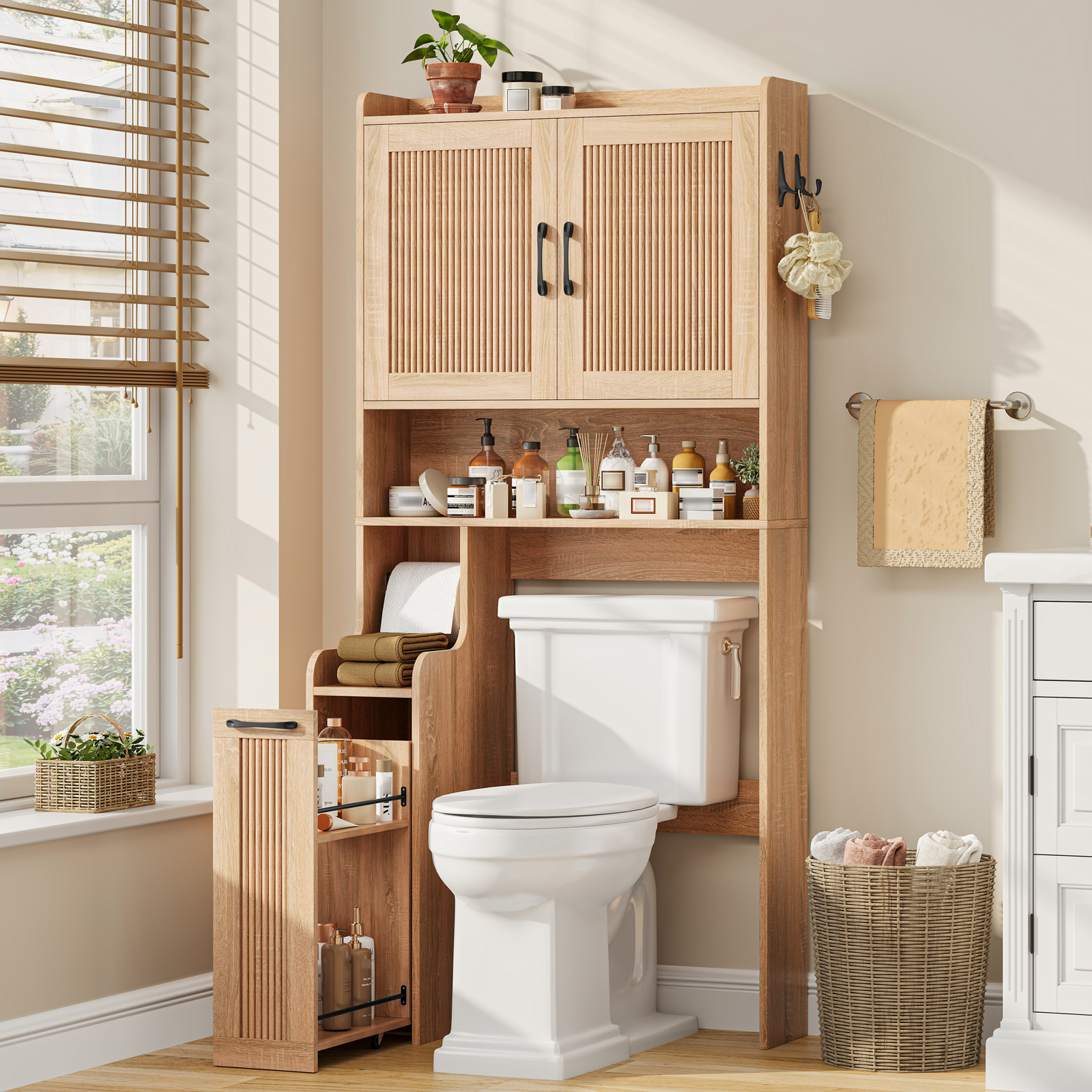 Halitaa Over The Toilet Storage Cabinet with Pulley, Space Saver Fluted Bathroom Organizer with Open Shelves, Anti-Tipping, Toilet Paper Holder Stand Toilet Rack for Bathroom, Laundry（Natural）