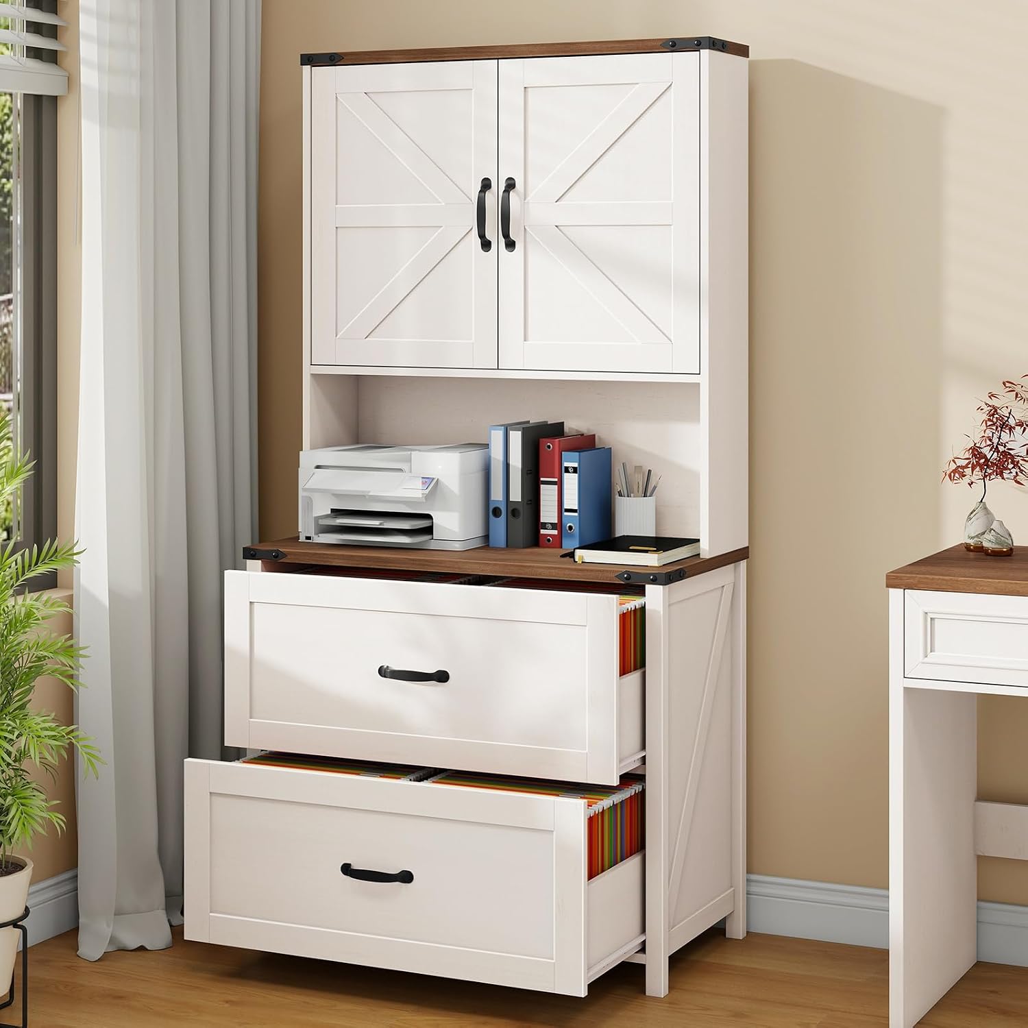 File Cabinet 2 Drawers Lateral File Cabinet with Adjustable Shelf for Letter/Legal/A4 Size Hanging Files, Large Wood File Storage Cabinets Printer Stand for Home Office, Rustic White