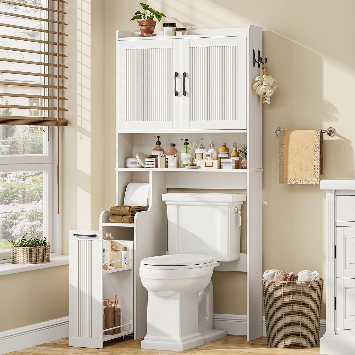 Halitaa Over The Toilet Storage Cabinet with Pulley, Space Saver Fluted Bathroom Organizer with Open Shelves, Anti-Tipping, Toilet Paper Holder Stand Toilet Rack for Bathroom, Laundry（Natural）
