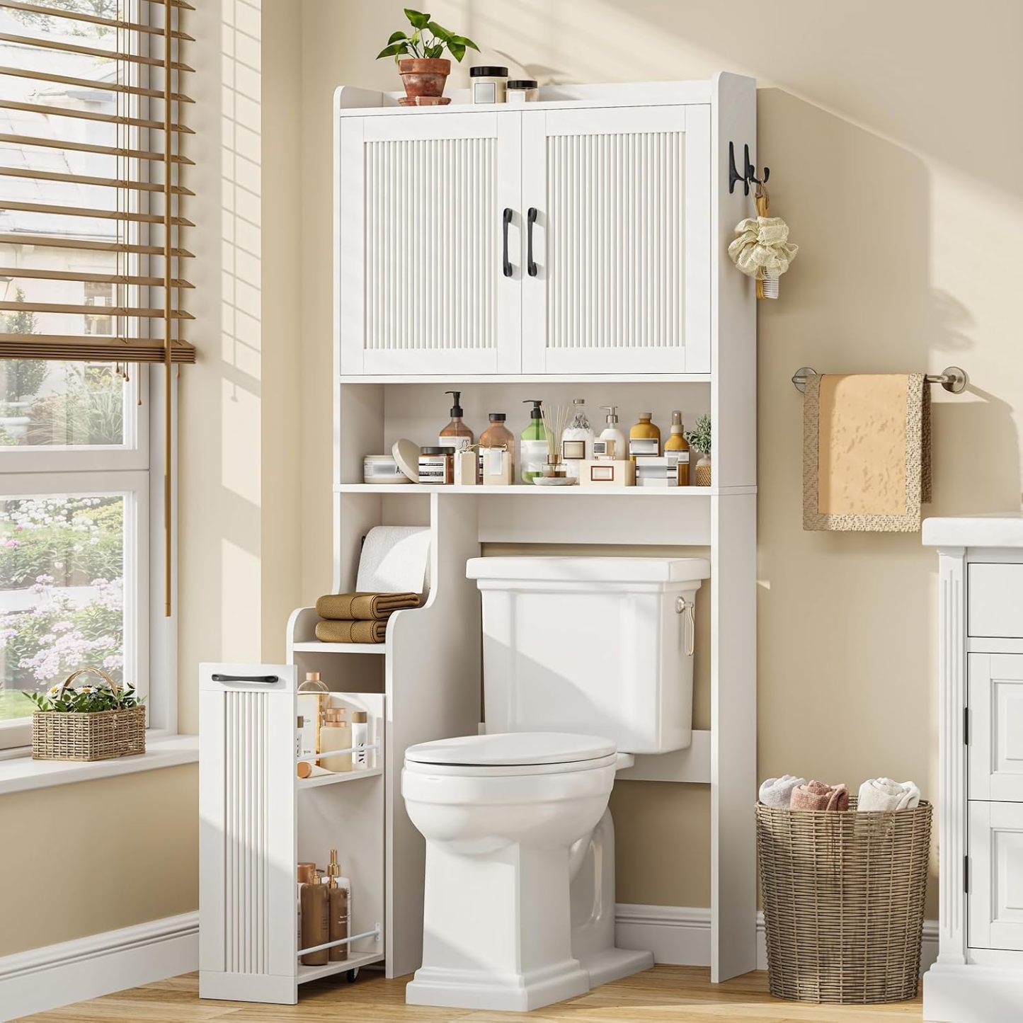 Halitaa Over The Toilet Storage Cabinet with Pulley, Space Saver Fluted Bathroom Organizer with Open Shelves, Anti-Tipping, Toilet Paper Holder Stand Toilet Rack for Bathroom, Laundry（Natural）
