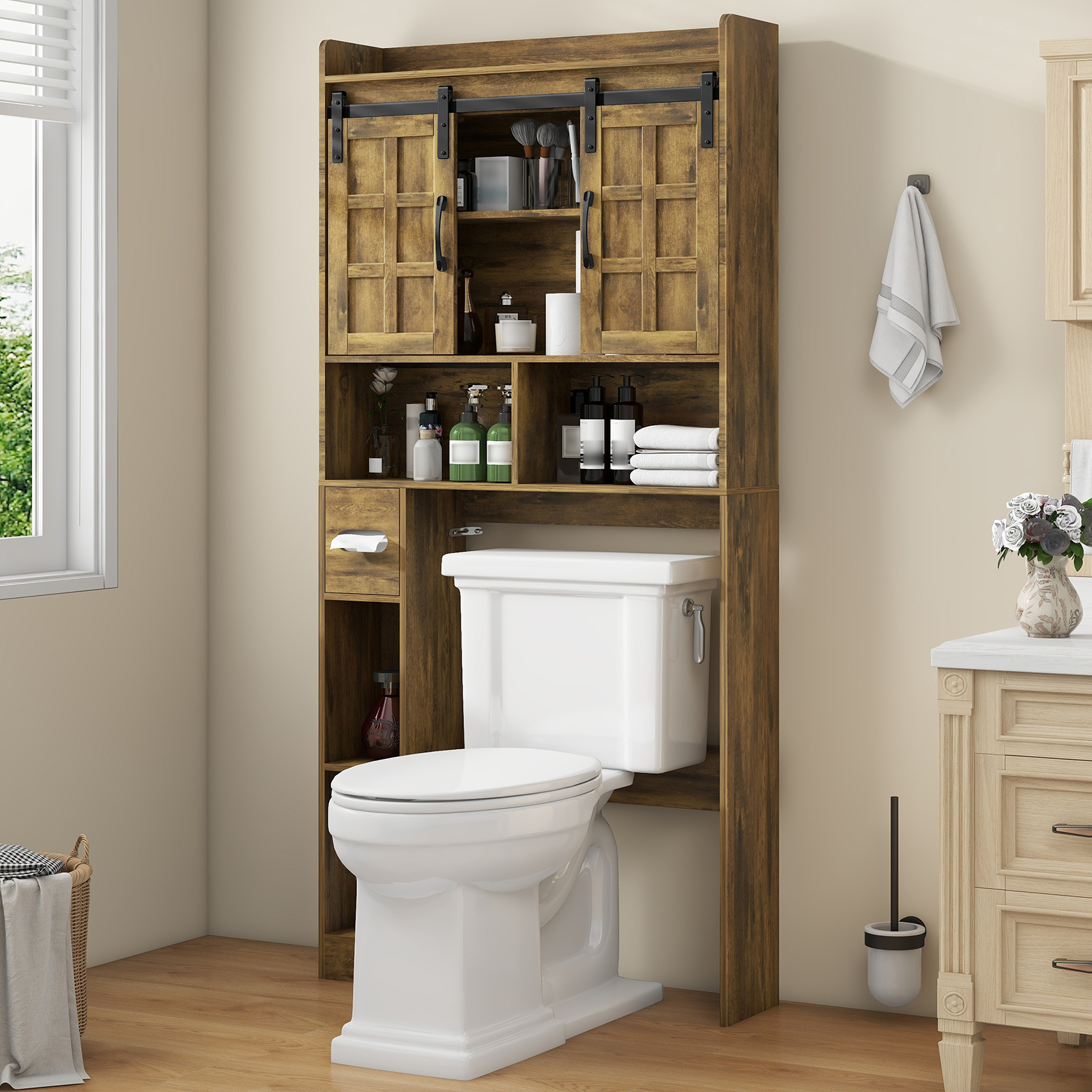 Halitaa Over The Toilet Storage Cabinet, Farmhouse Storage Cabinet Over Toilet with Sliding Doors，Home Space-Saving Toilet Rack, for Bathroom, Restroom, Laundry. Brown