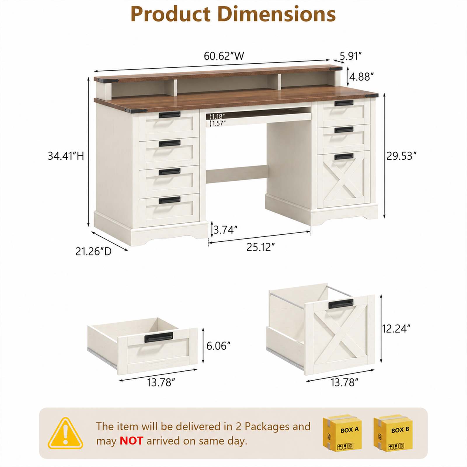 Halitaa 60" Farmhouse Executive Desk with 8 Drawers, Rustic White and Brown|Wood Computer Desk with Keyboard Tray & Monitor Stand, Writing Desk Workstation for Home Office, Bedroom, Study