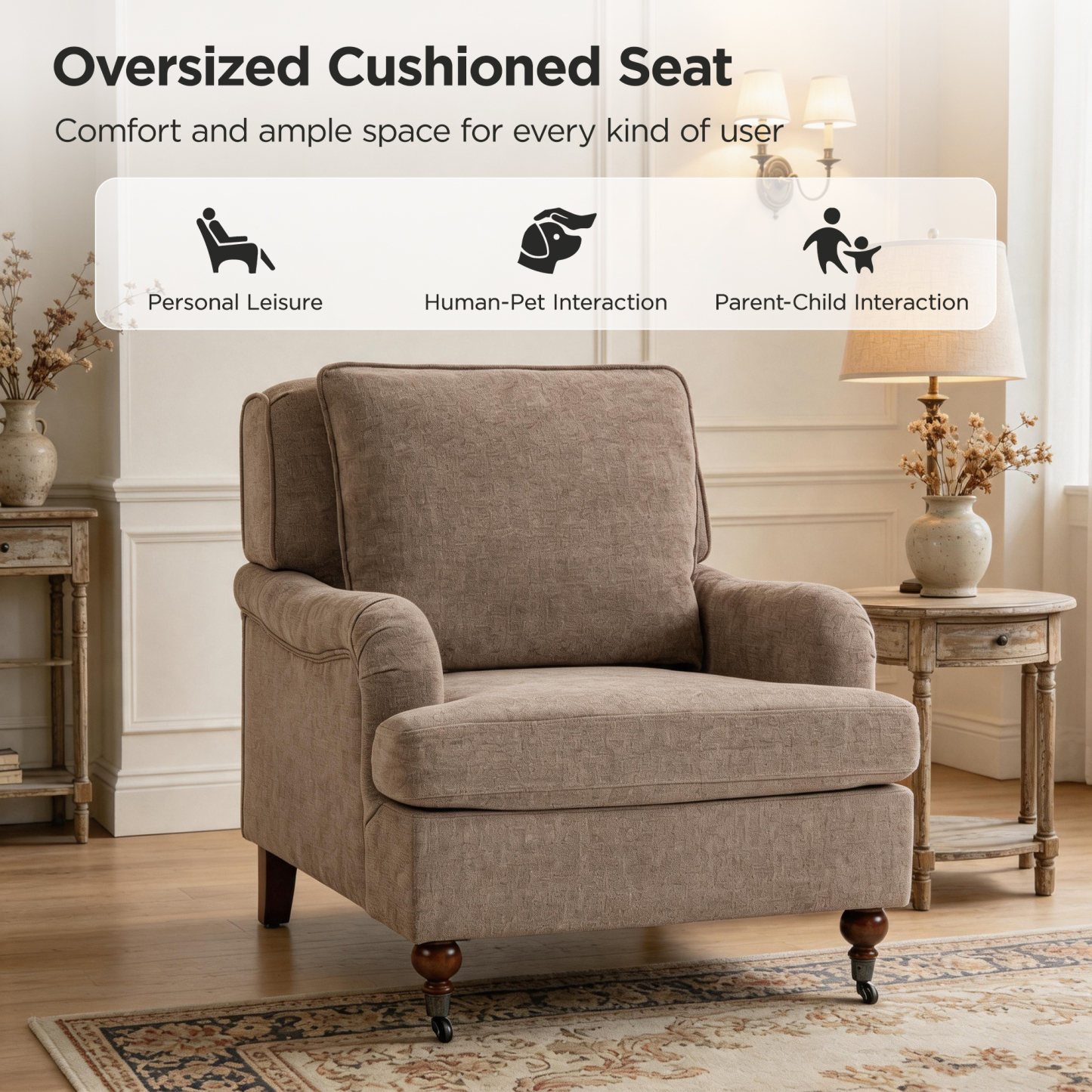 Conate Modern Accent Chair with Cushion, Cozy Chenille Reading Arm Chair with Wood Roller Legs for Living Room, Bedroom, Reading Nook, Beige