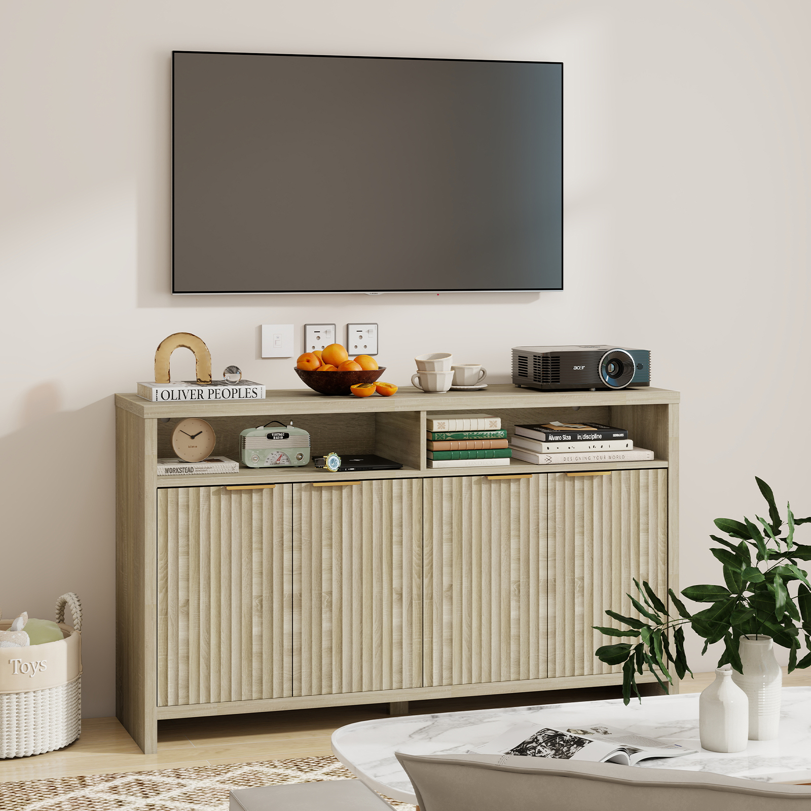 Vabches Oxford Fluted Storage Cabinet, Entertainment Center TV Console for Living Room Bedroom, Accent Cabinet with Doors and Shelves, Large Sideboard Buffet with Adjustable Shelf, Ash Oak