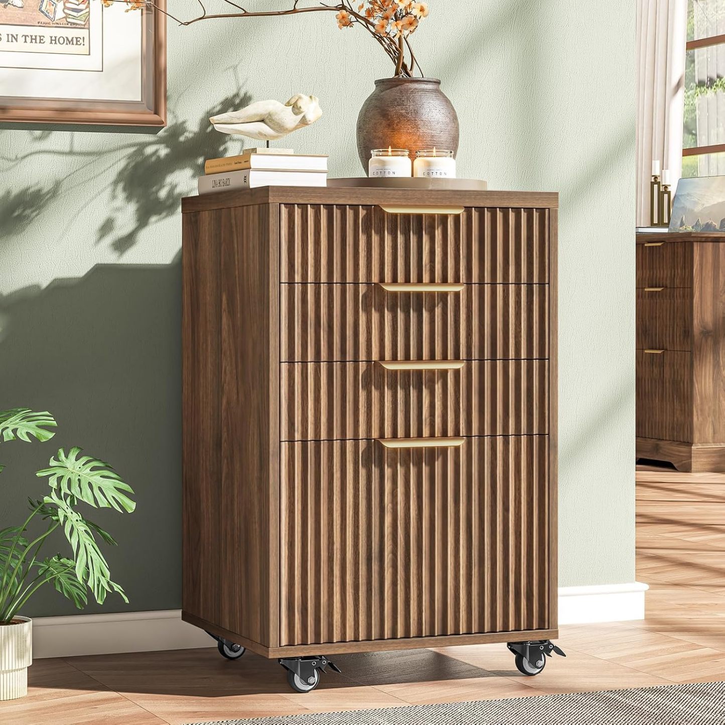 Halitaa 4 Drawers Small File Cabinet with Wheels, Under Desk Drawer, Walnut | Fluted File Cabinet Fits Letter/A4/Legal Size, Vertical Filing Cabinet for Home Office, Wooden Printer Stand with Storage