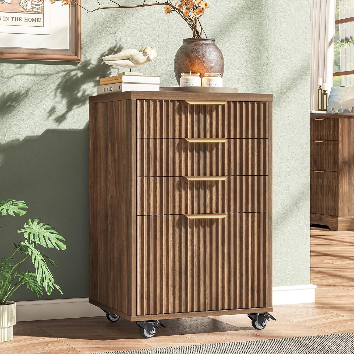 Halitaa 4 Drawers Small File Cabinet with Wheels, Under Desk Drawer, Walnut | Fluted File Cabinet Fits Letter/A4/Legal Size, Vertical Filing Cabinet for Home Office, Wooden Printer Stand with Storage