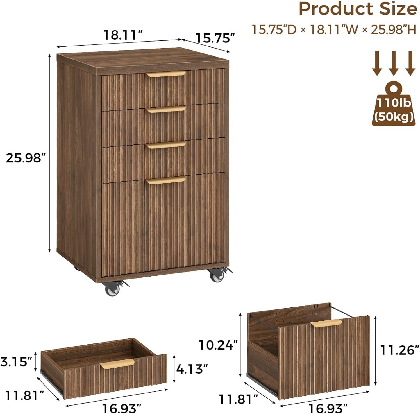 Halitaa 4 Drawers Small File Cabinet with Wheels, Under Desk Drawer, Walnut | Fluted File Cabinet Fits Letter/A4/Legal Size, Vertical Filing Cabinet for Home Office, Wooden Printer Stand with Storage
