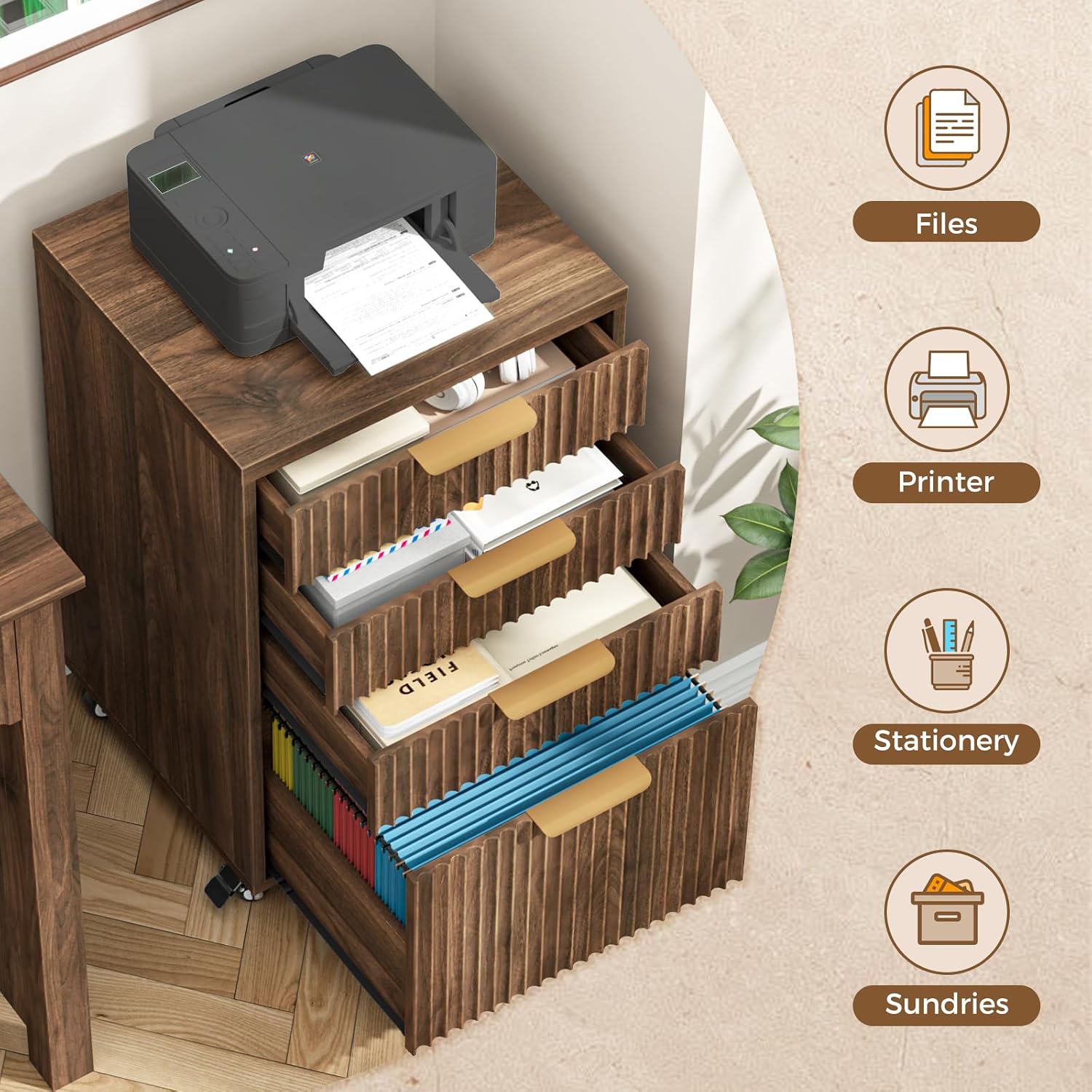 Halitaa 4 Drawers Small File Cabinet with Wheels, Under Desk Drawer, Walnut | Fluted File Cabinet Fits Letter/A4/Legal Size, Vertical Filing Cabinet for Home Office, Wooden Printer Stand with Storage